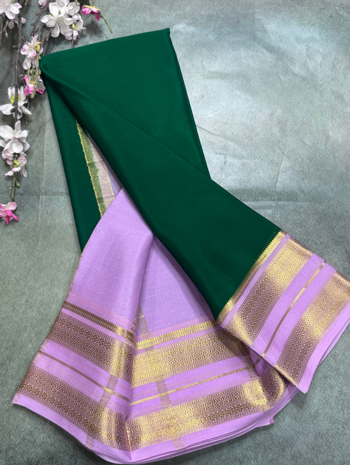 Bottle green long border pure Mysore silk saree