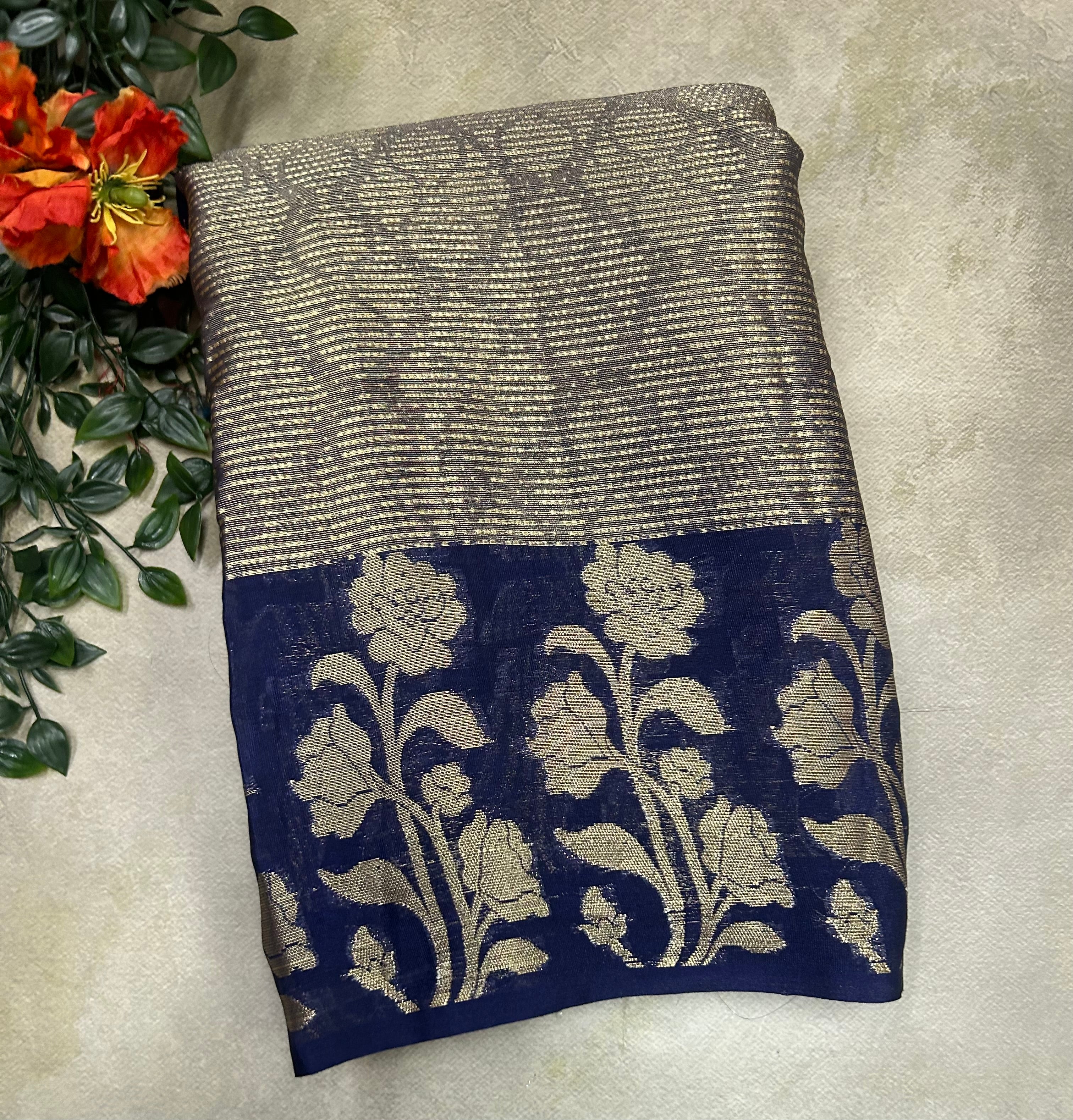 Navy Blue brocade Semi Kanchi saree