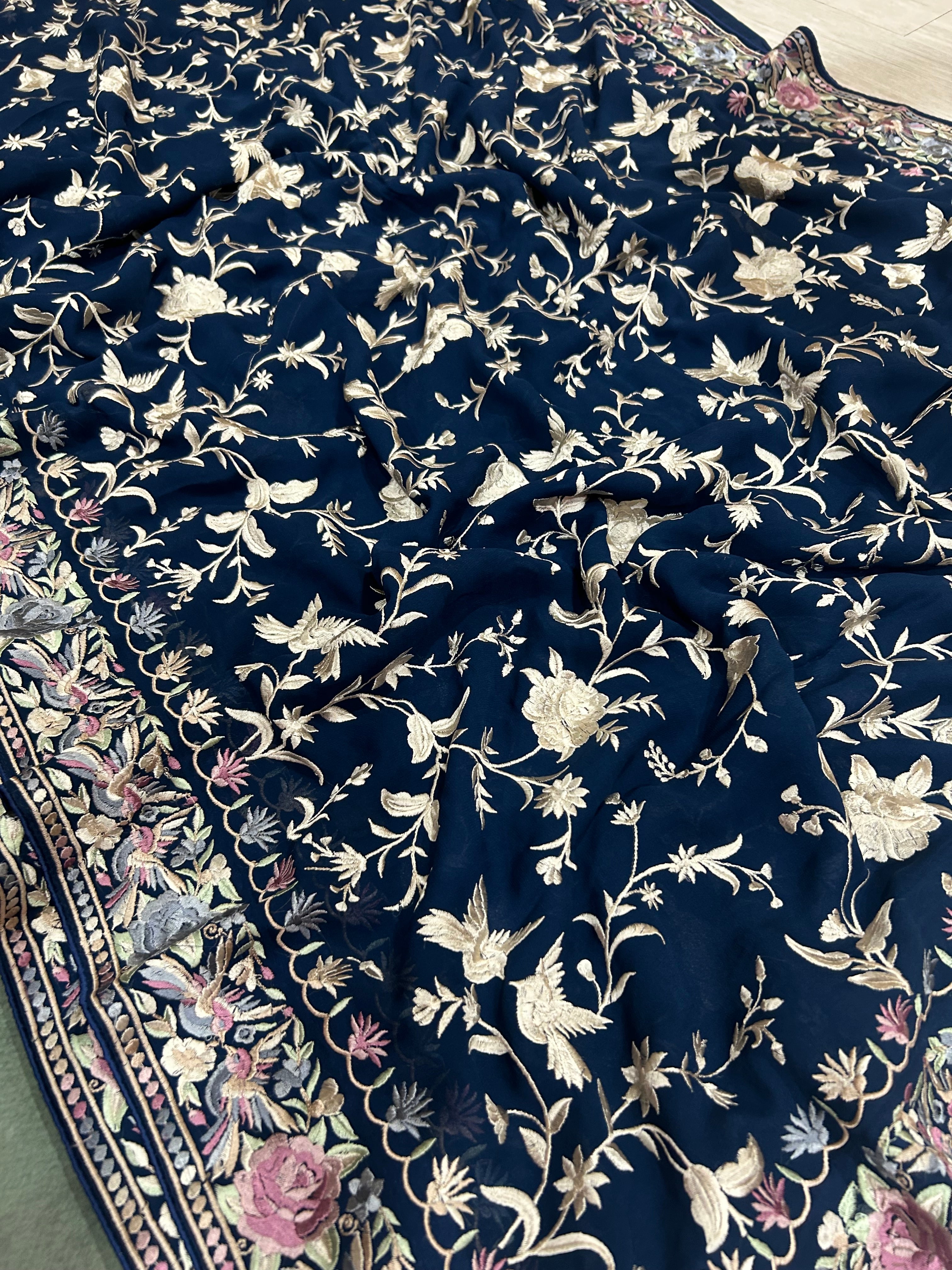 Peacock blue parsi  embroidery georgette parsi 104 saree