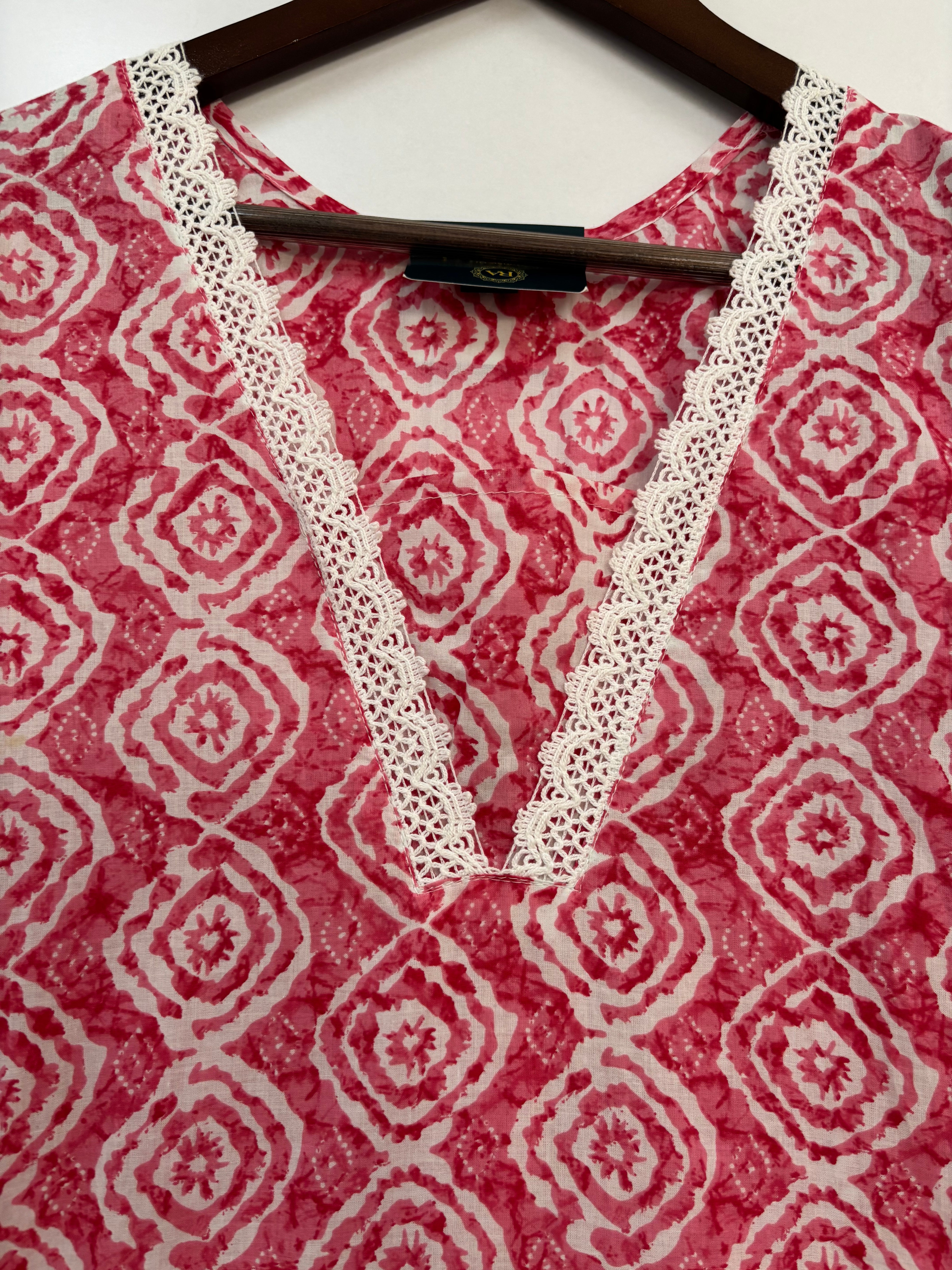 Pink Cotton Block Print Straight Fit Kurtha