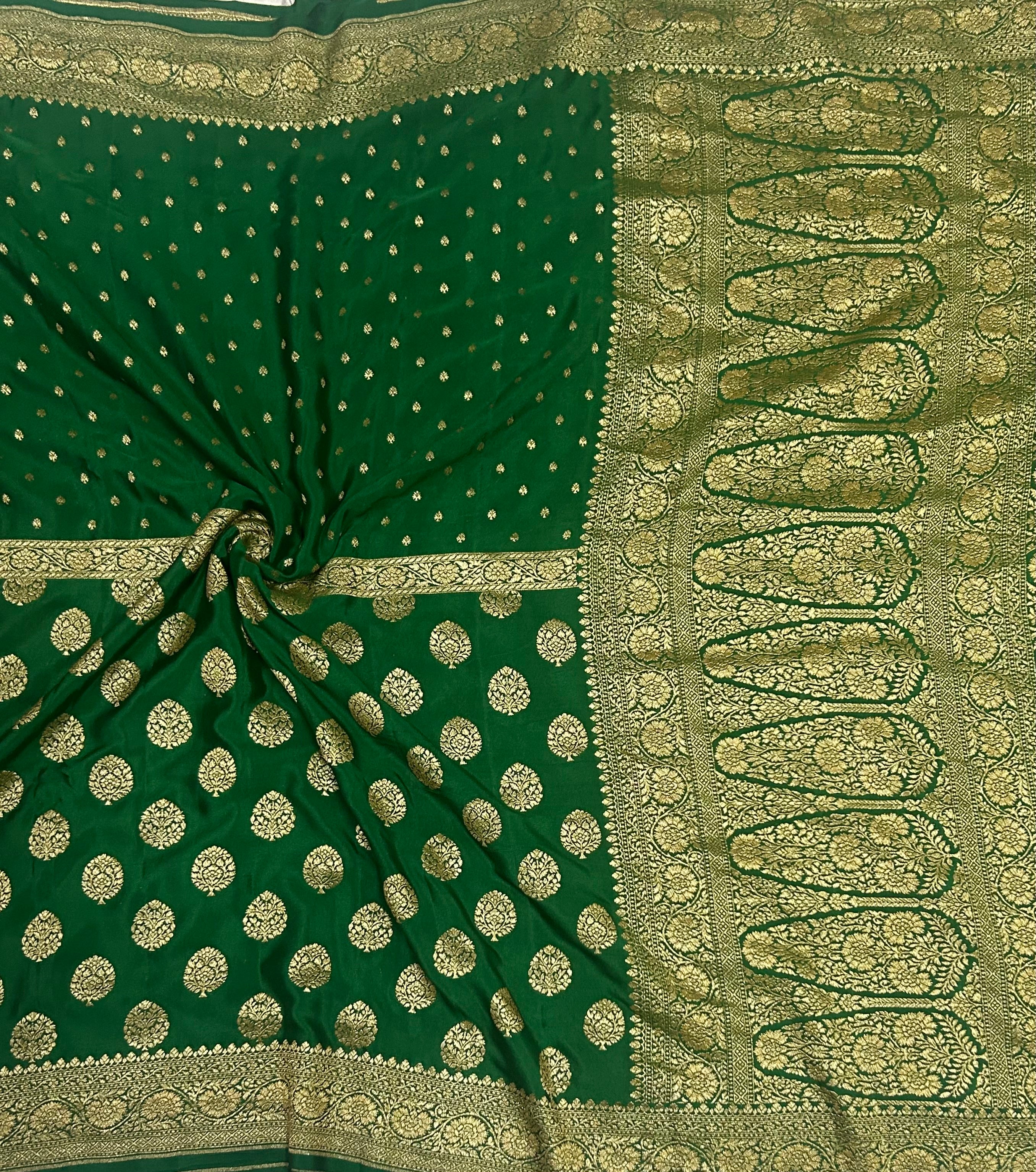 Bottle green small n big butta pure benarasi crepe 103 saree