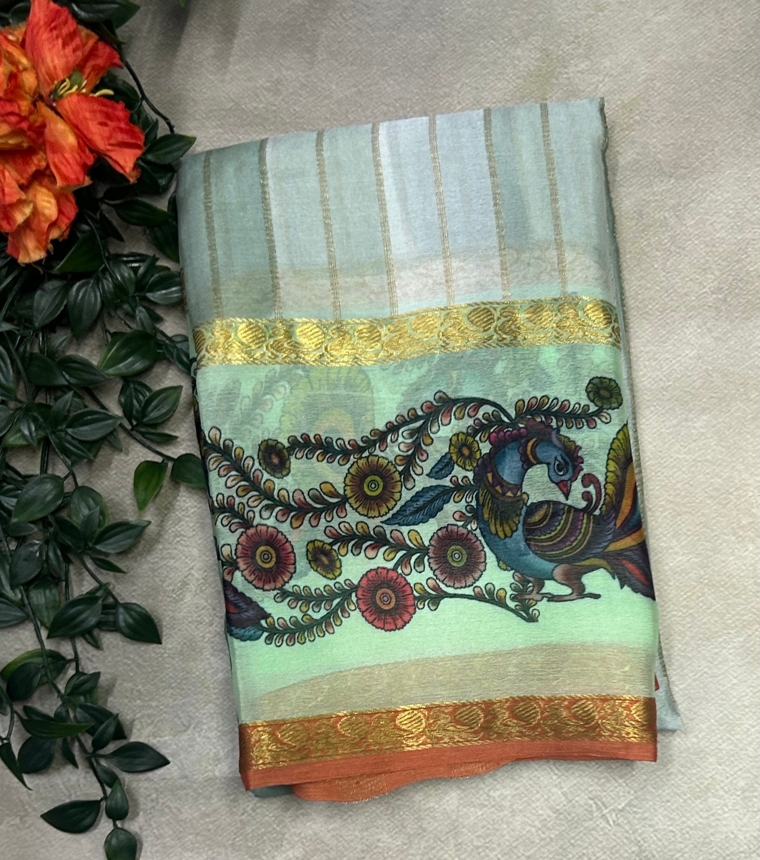 Rankart kalamkari border pure wrinkle 103 crepe silk saree