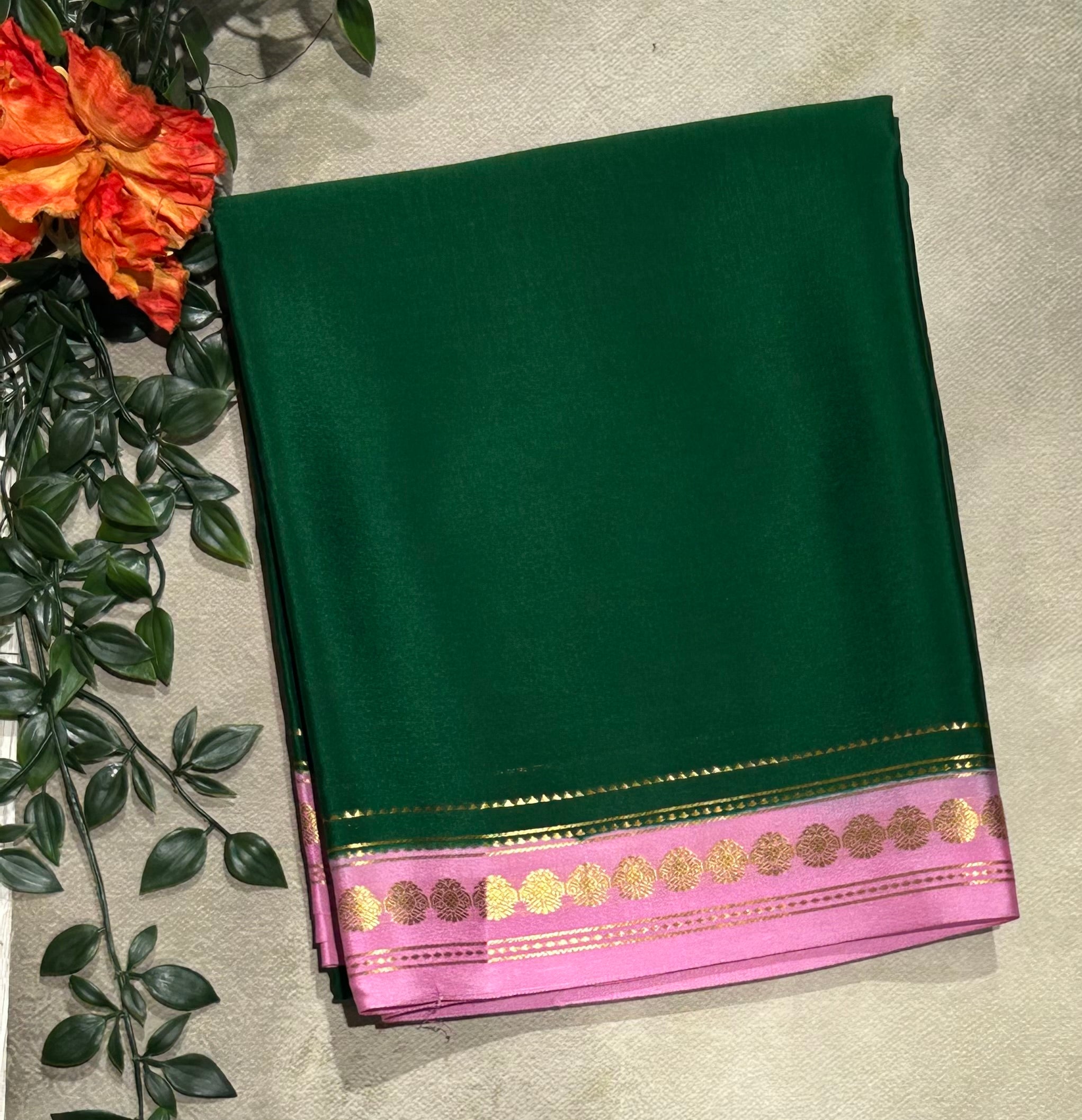 Bottle green stripes border pure Mysore silk-103 saree
