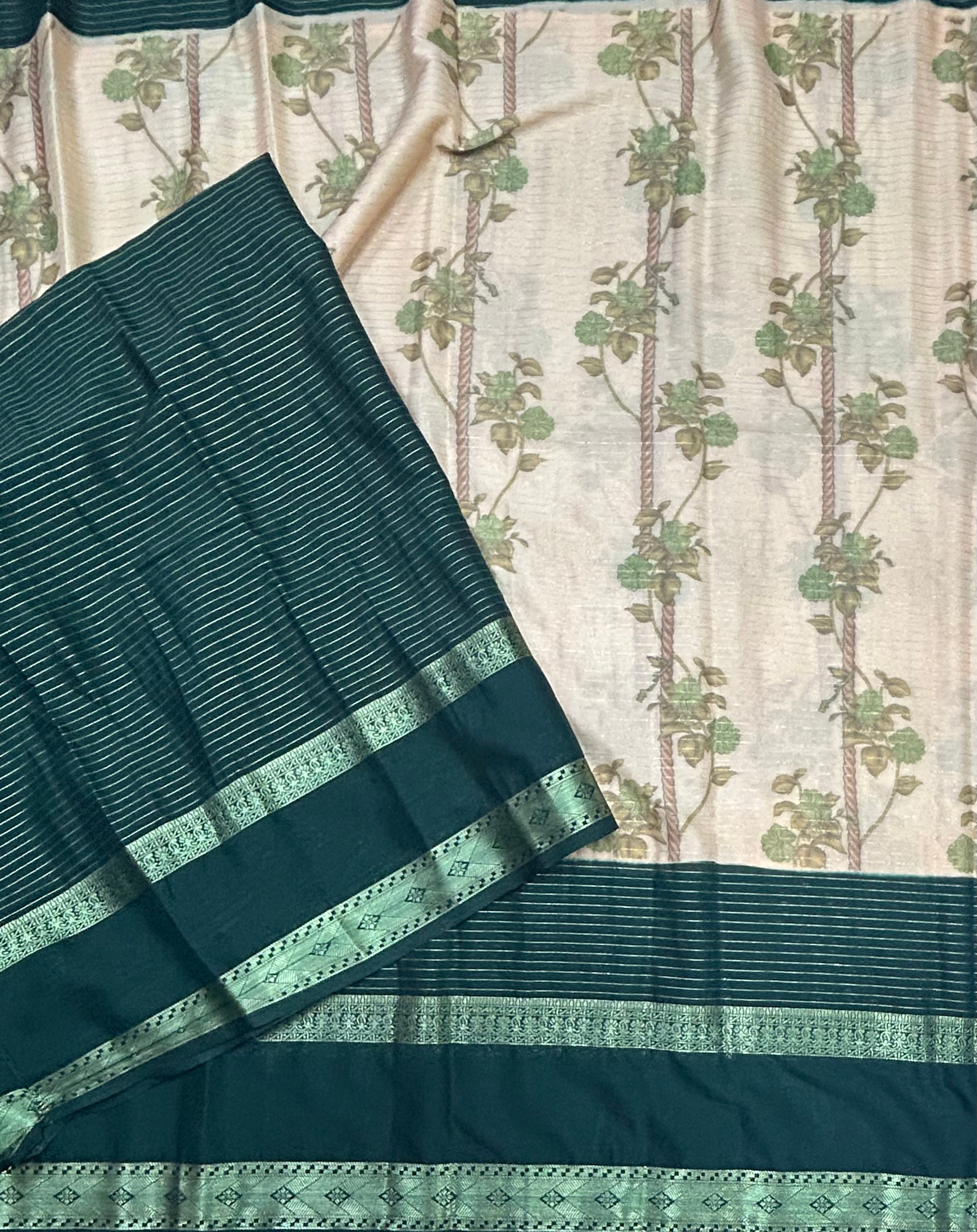Peach and bottle green stripes border Semi Mysore Crepe saree