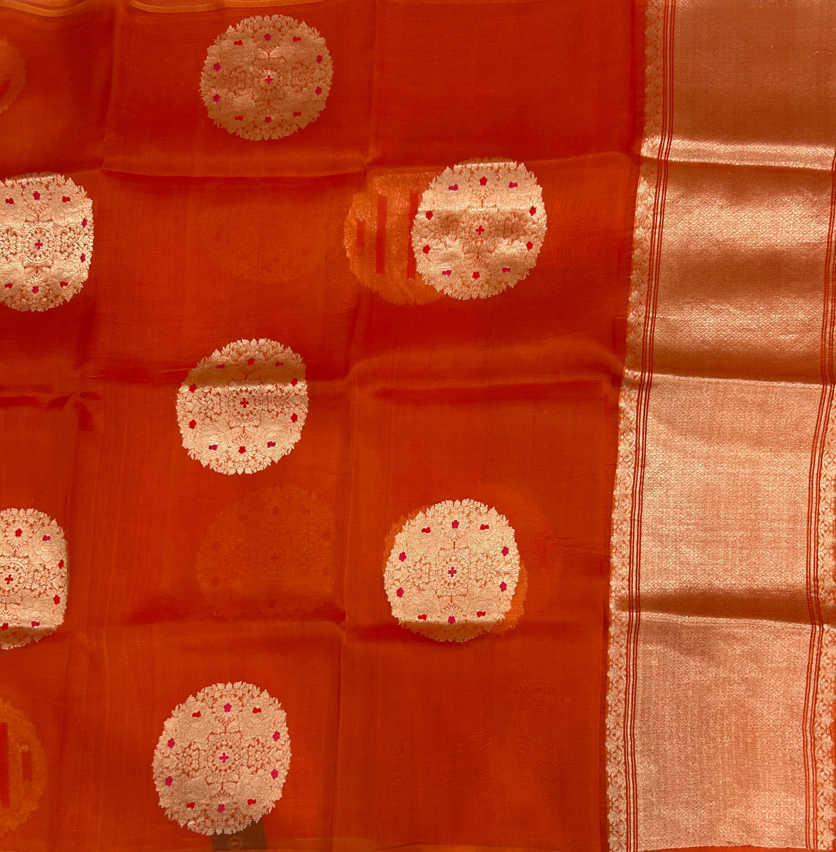 Orange pure kora 105 organza silk saree