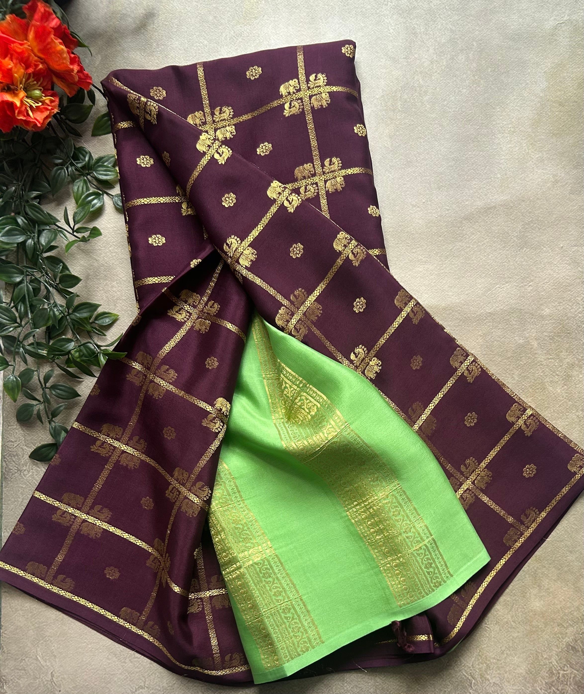 Dark brown contrast checks borderless pure mysore silk-102 saree