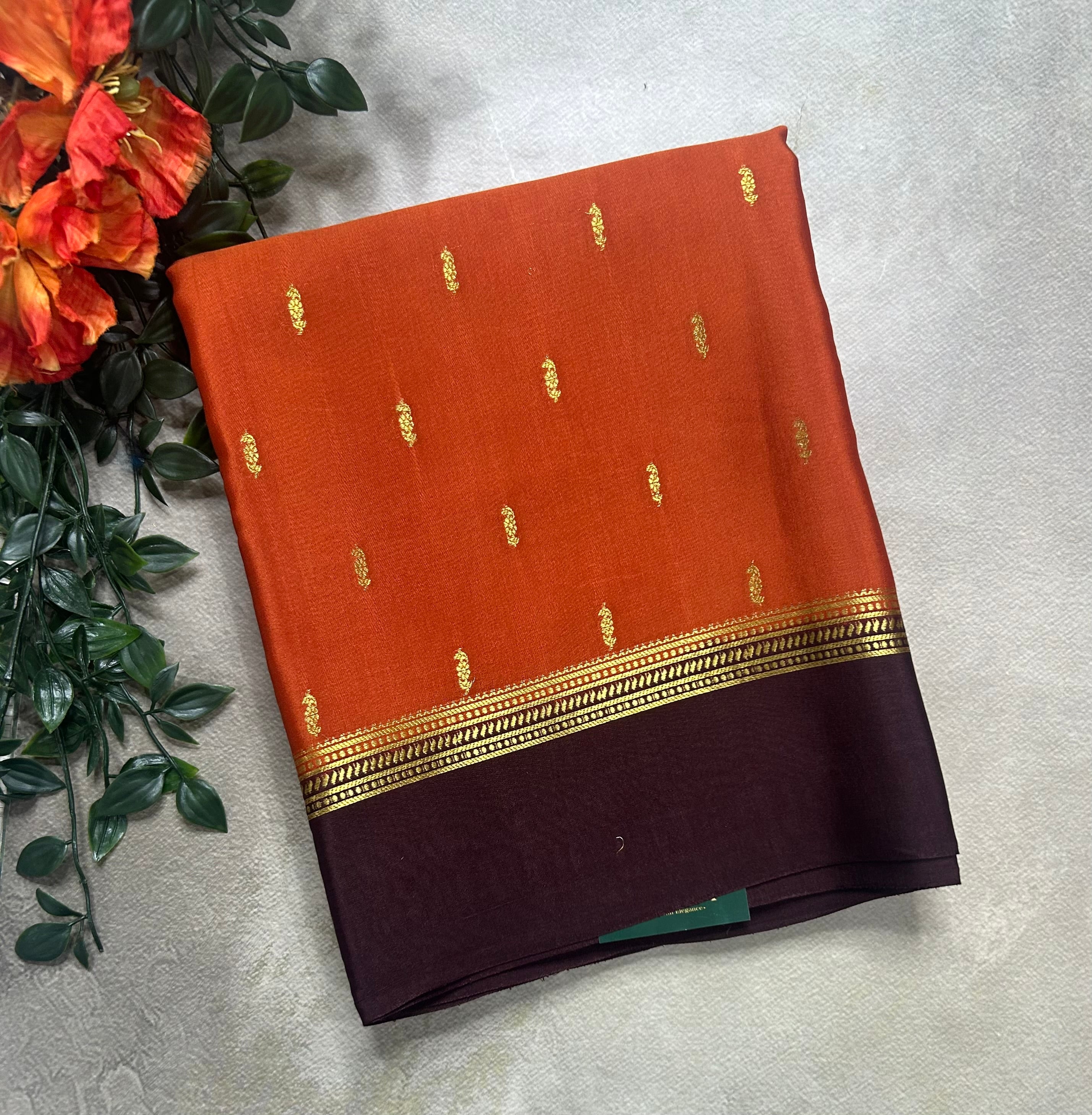 Rust orange contrast border pure Mysore silk 105 saree