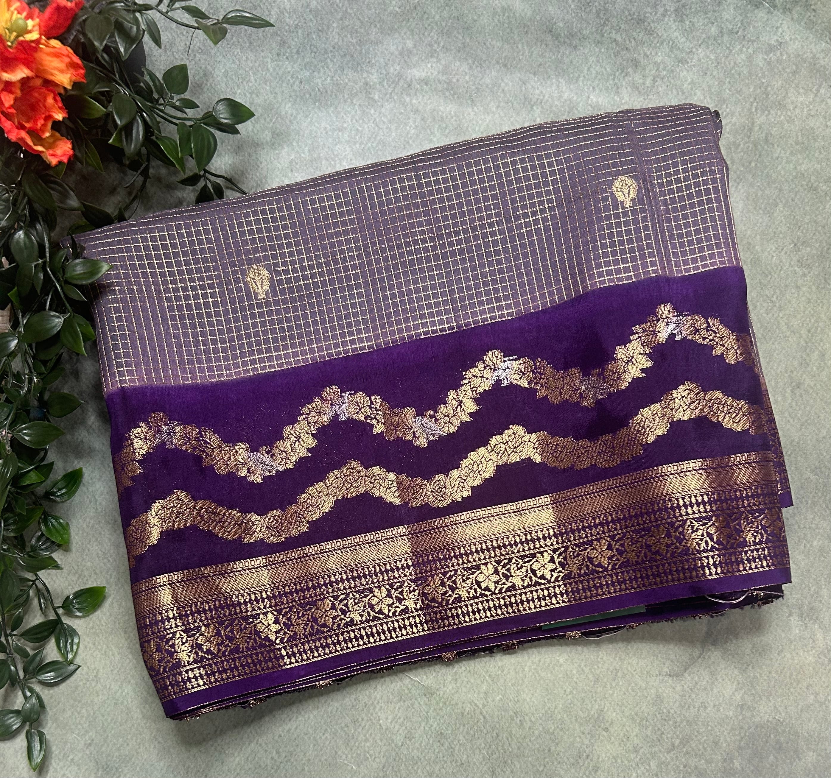 Grey small checks semi Mysore 105 saree