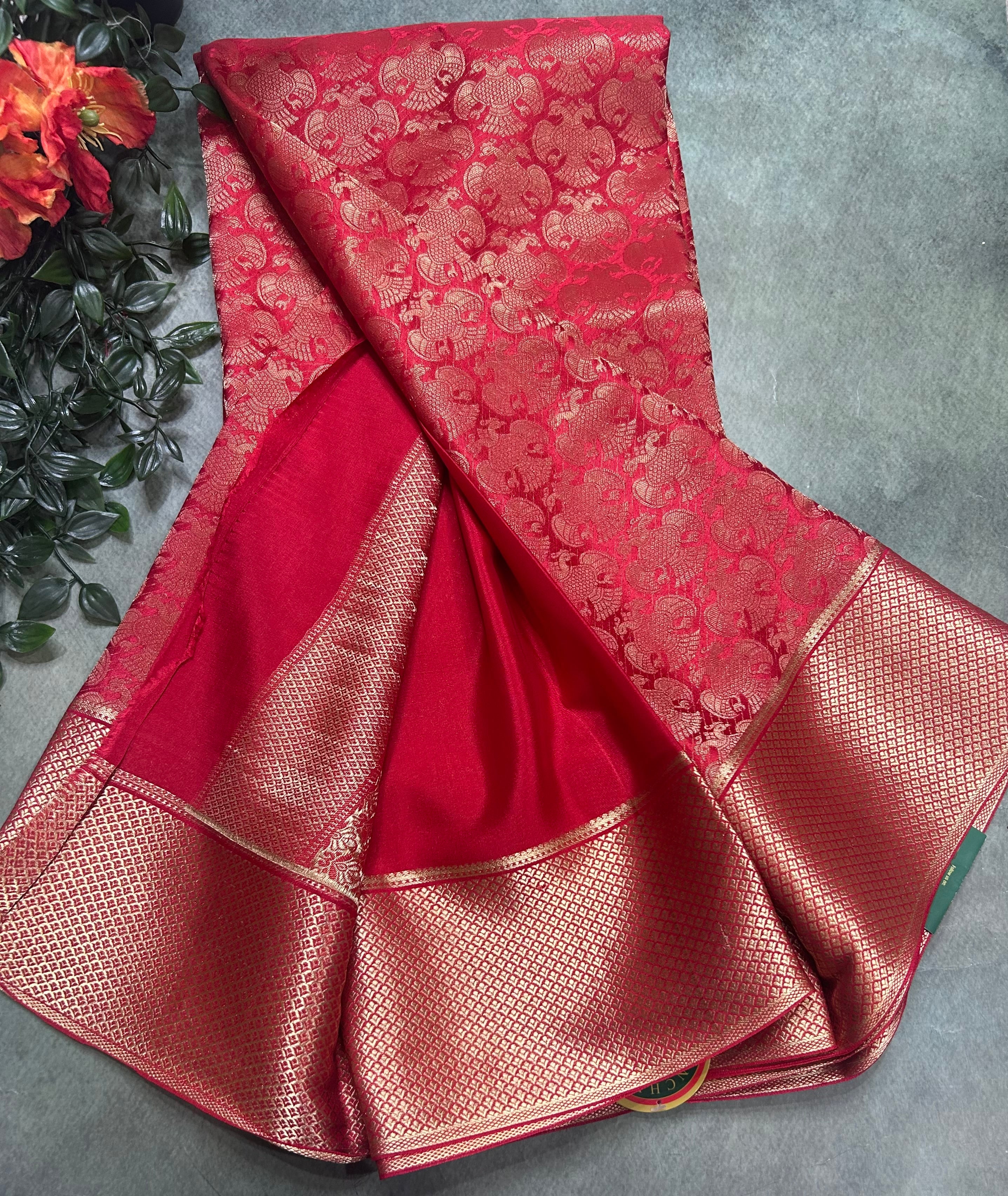 Red gandaberunda brocade Pure Mysore Silk 106 Saree