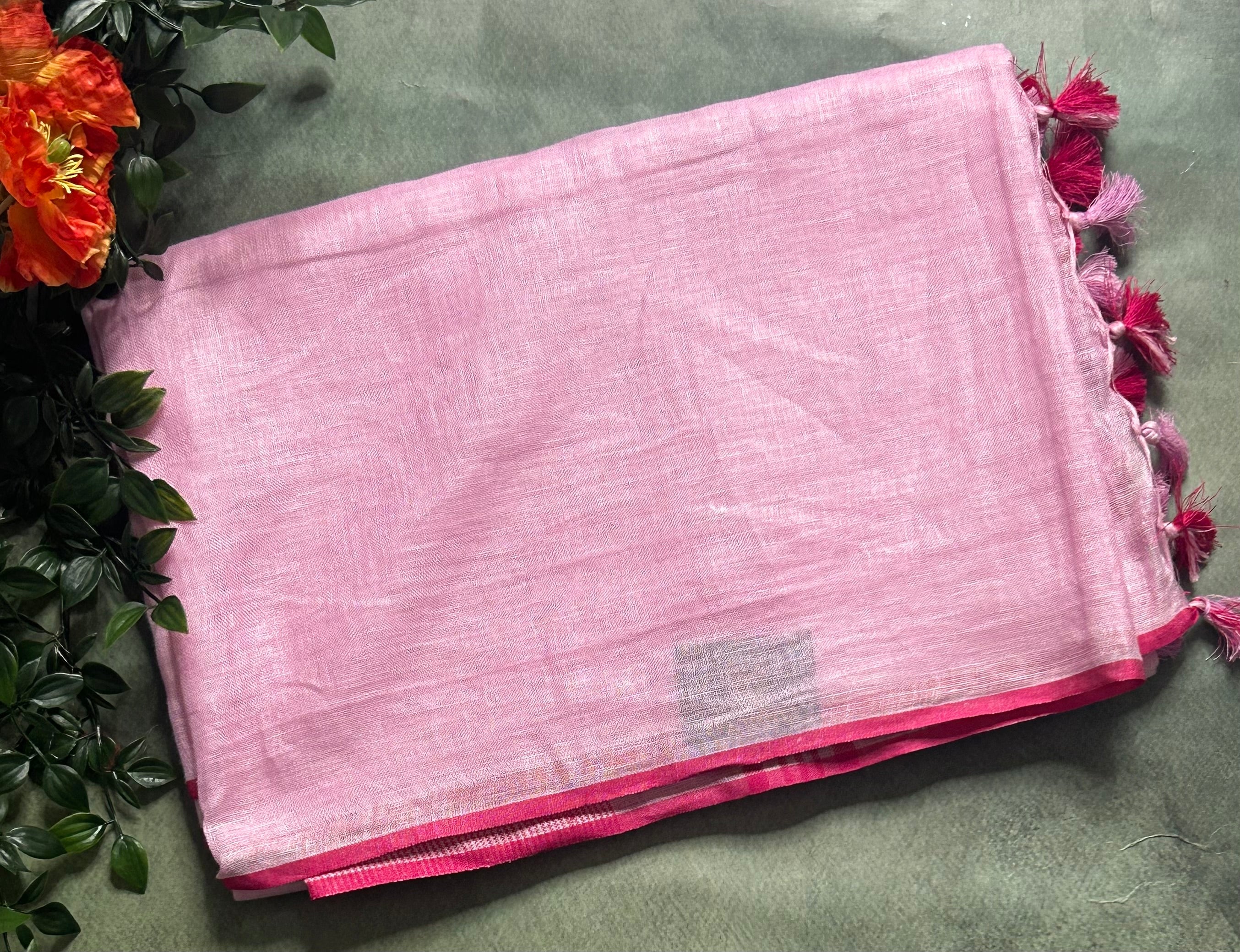 Baby pink pure linen cotton 103 saree