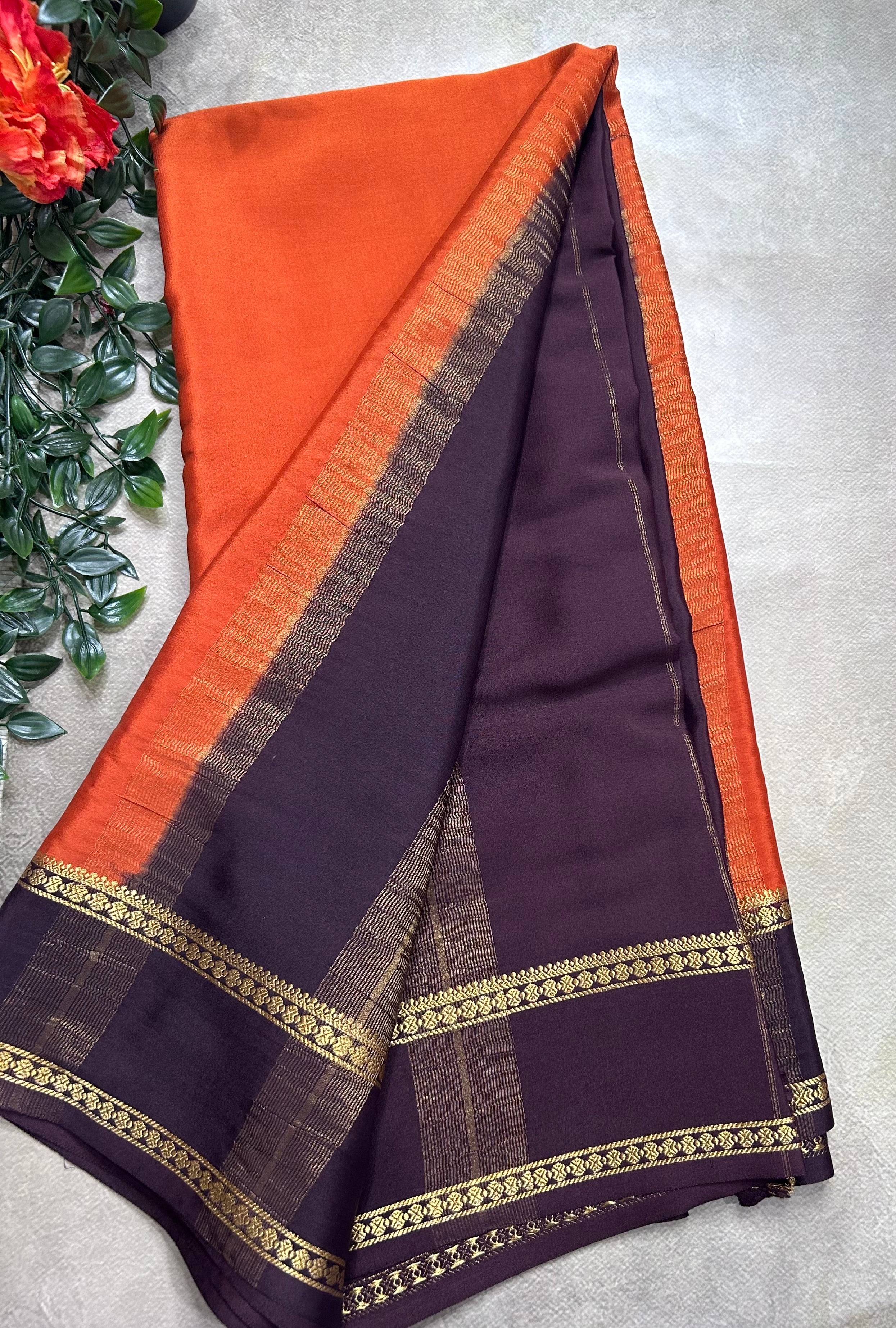 Rust orange n brown plain bentex border pure mysore silk saree(BMS105)