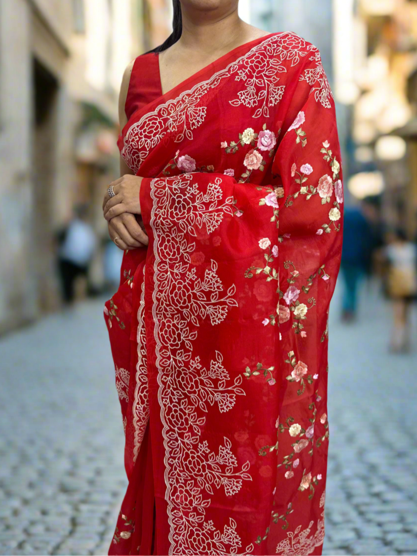 Red embroidery pure organza saree