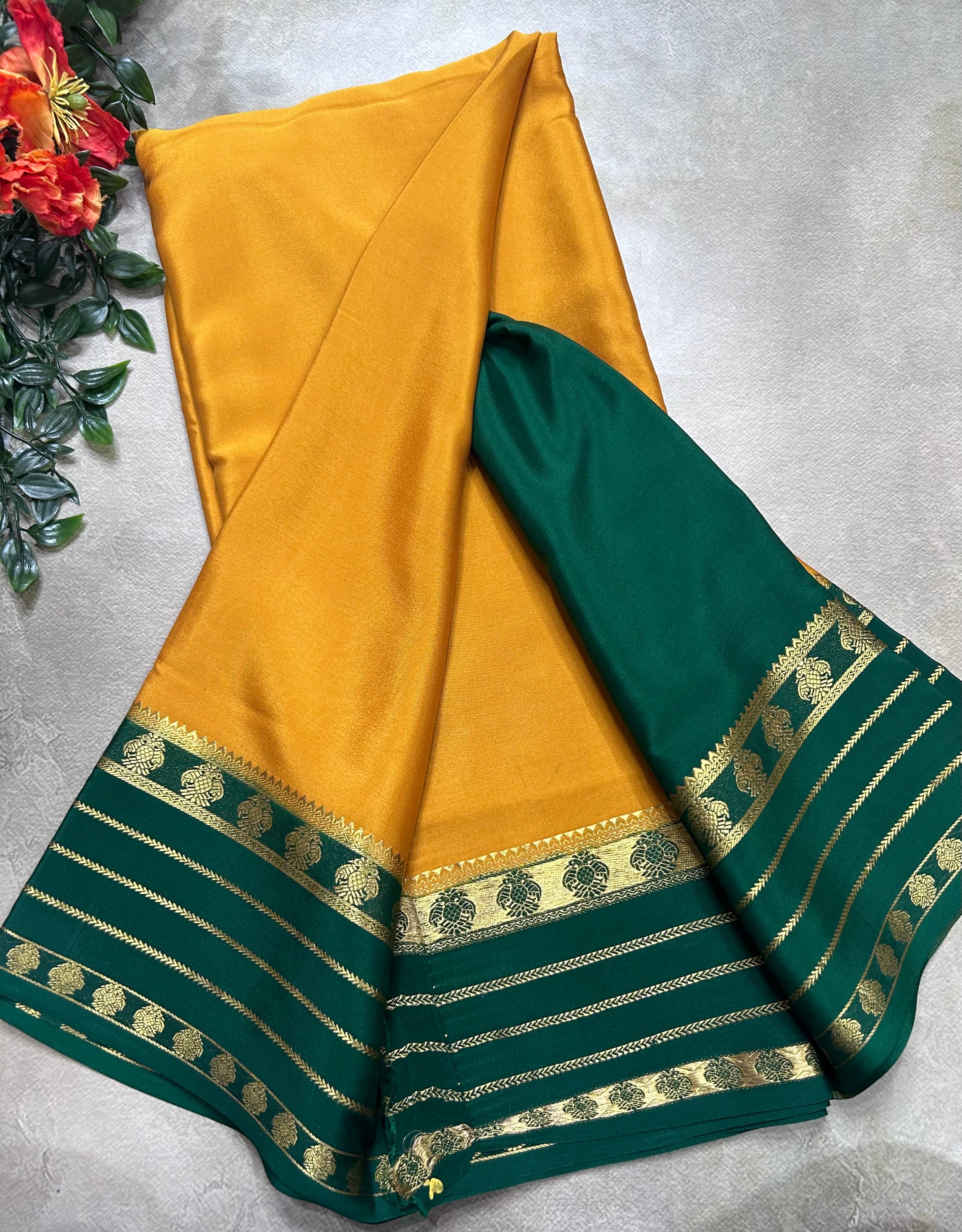 Mustard Yellow stripes border pure mysore silk saree(YMS106)