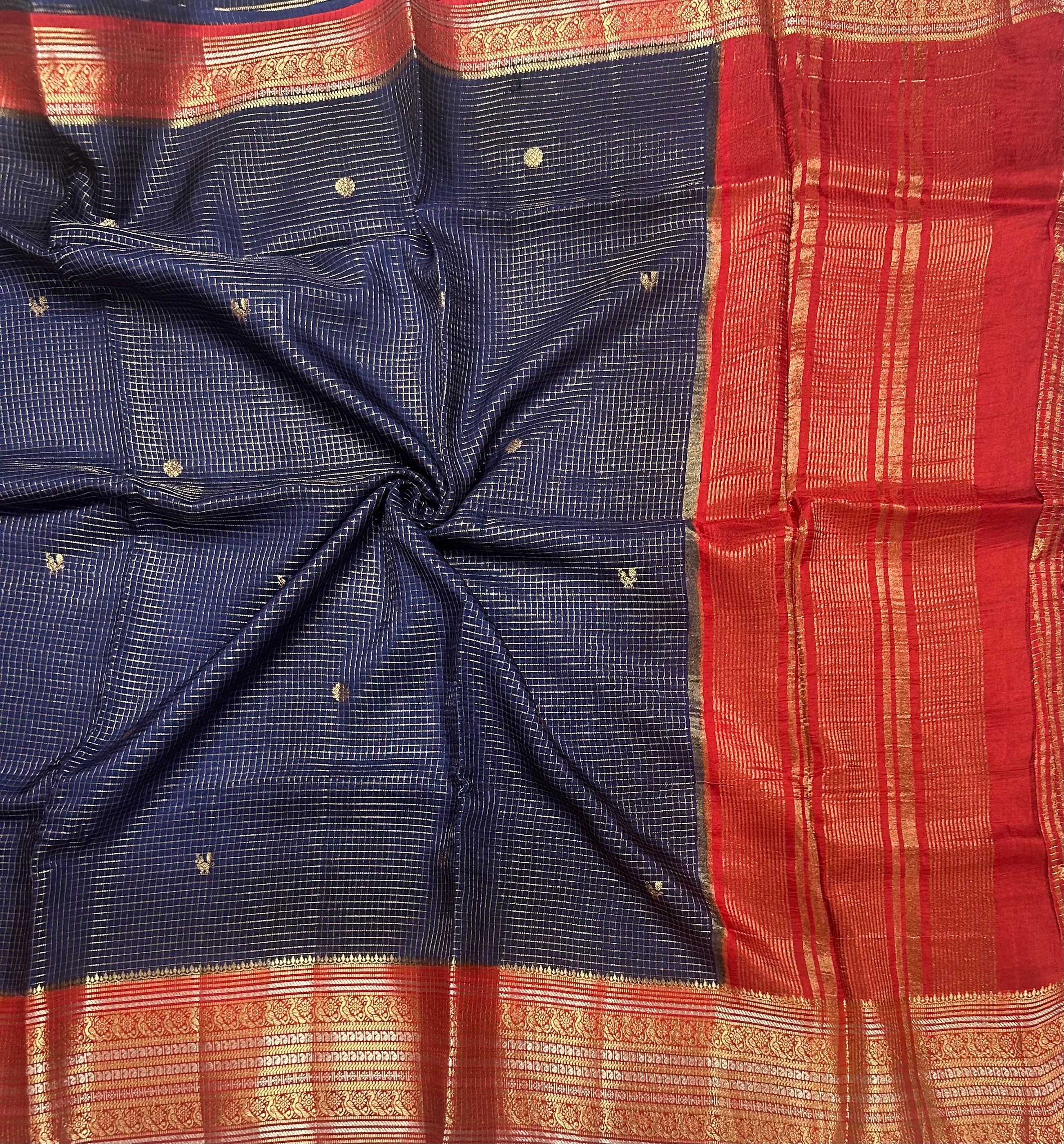 Navy blue small checks contrast semi Mysore crepe 105 saree