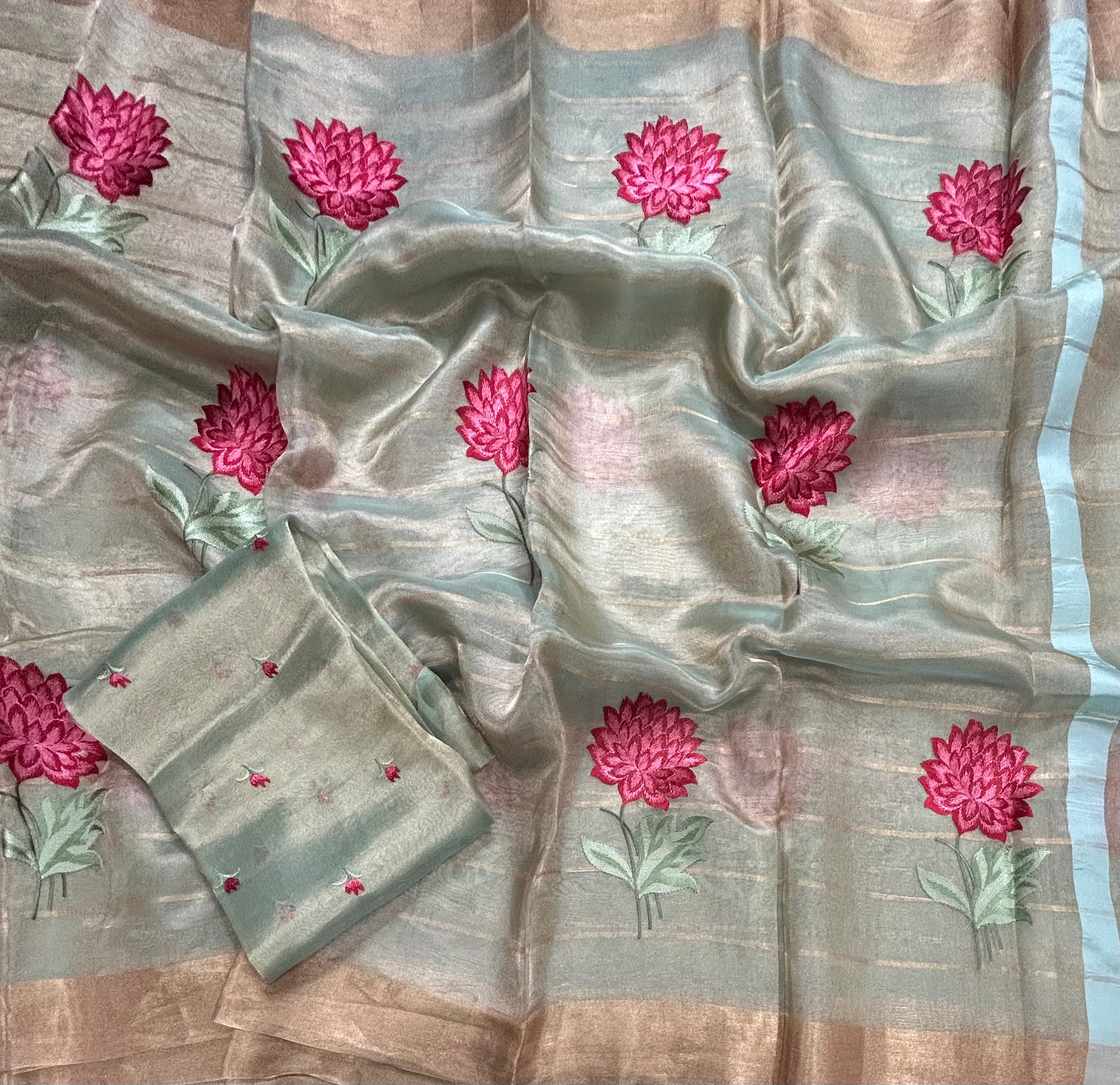 Aqua green floral embroidery work pure tissue organza 105 saree