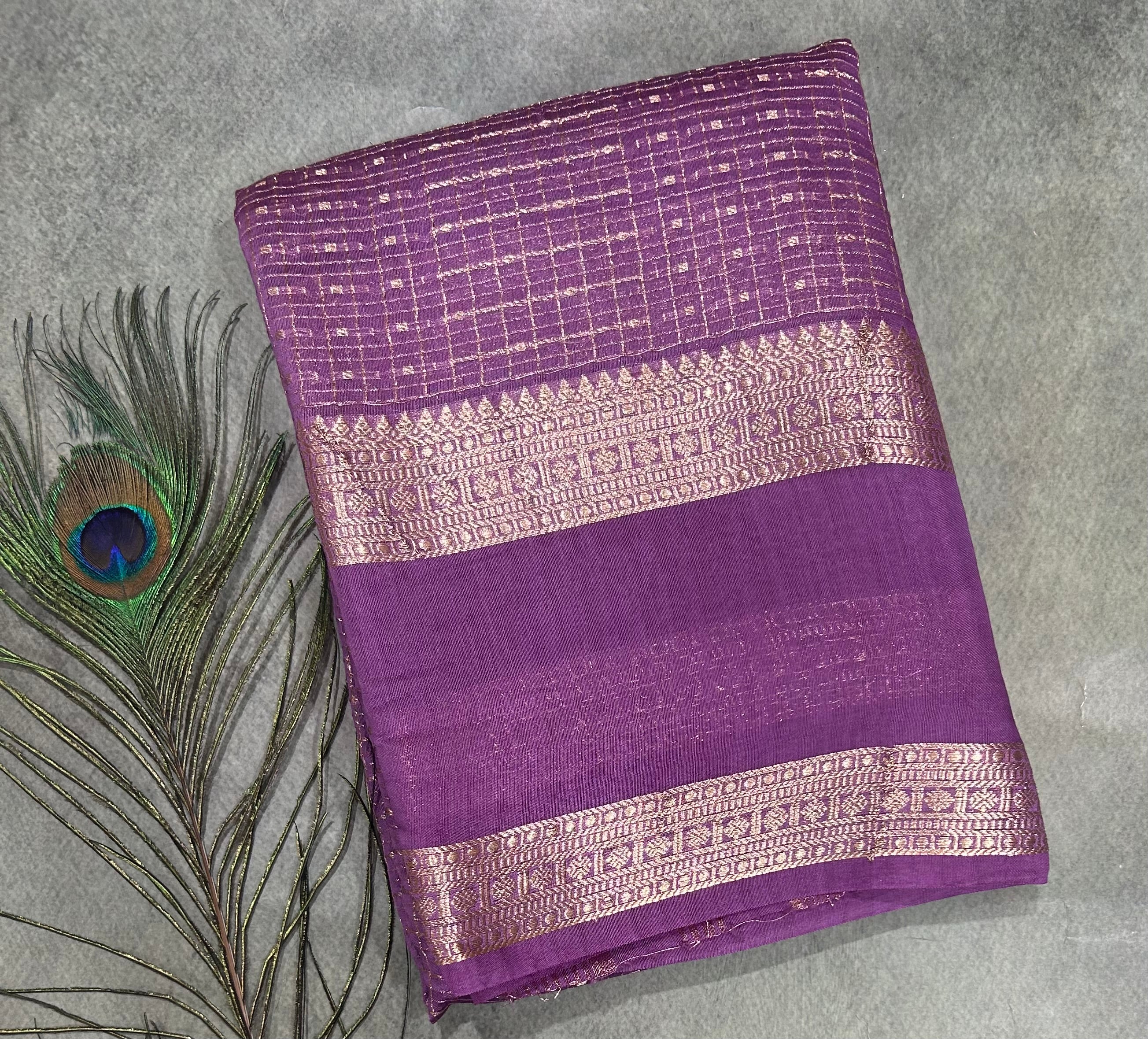 Lavender small checks soft Tussar 03 crepe saree