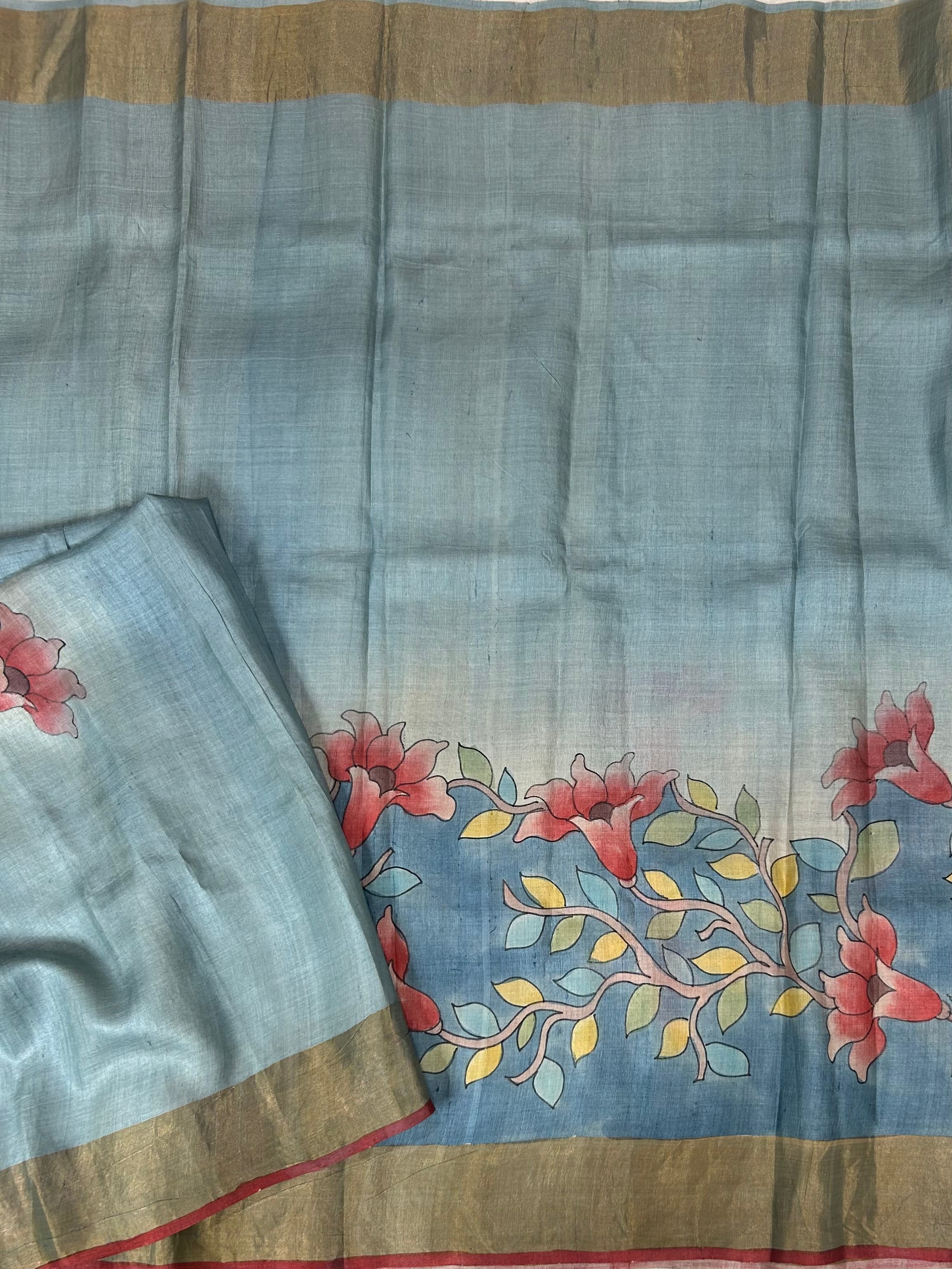 Pastel blue pure handloom  tussar silk-12 saree