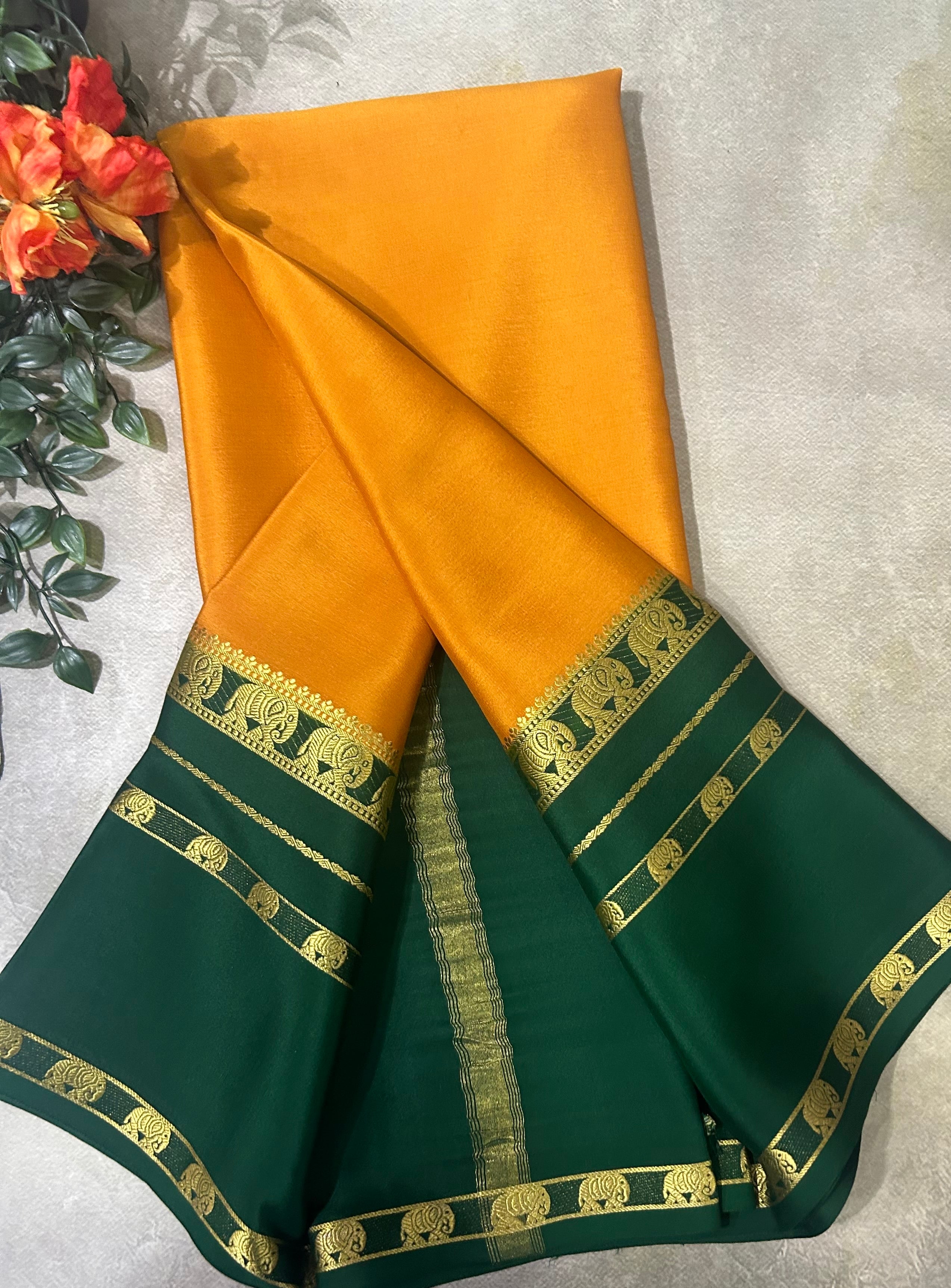 Mustard yellow bentex border pure Mysore silk 104 saree