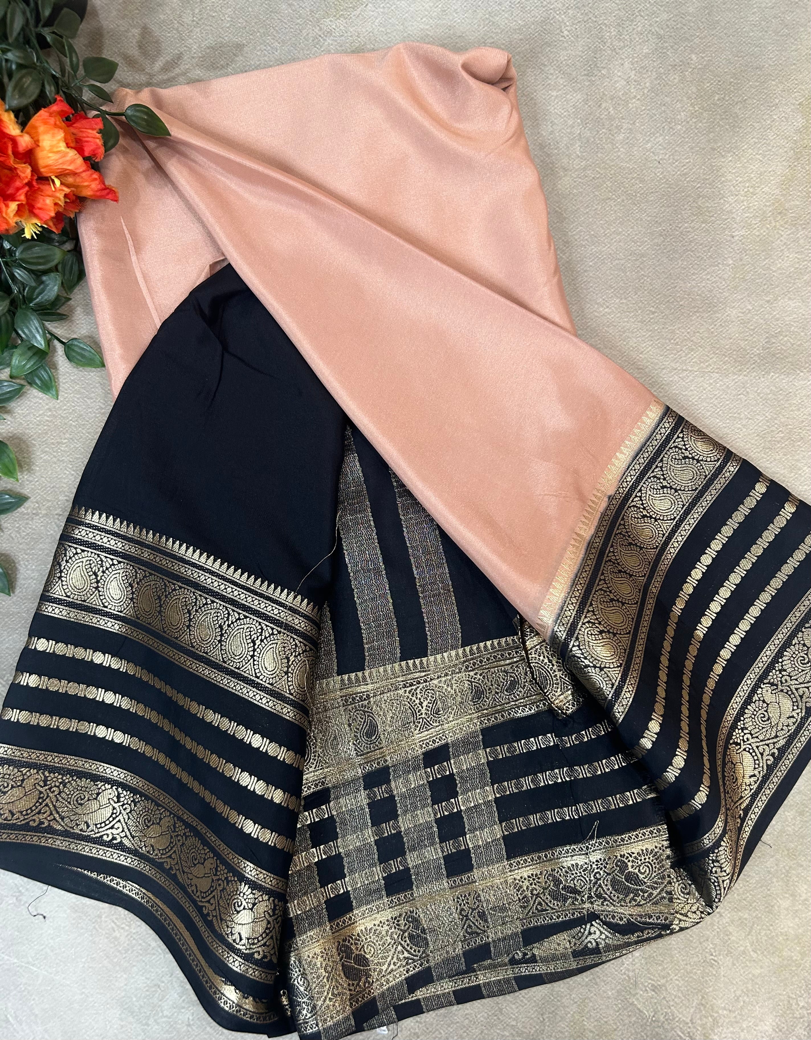 Peach stripes border semi Mysore 104 saree