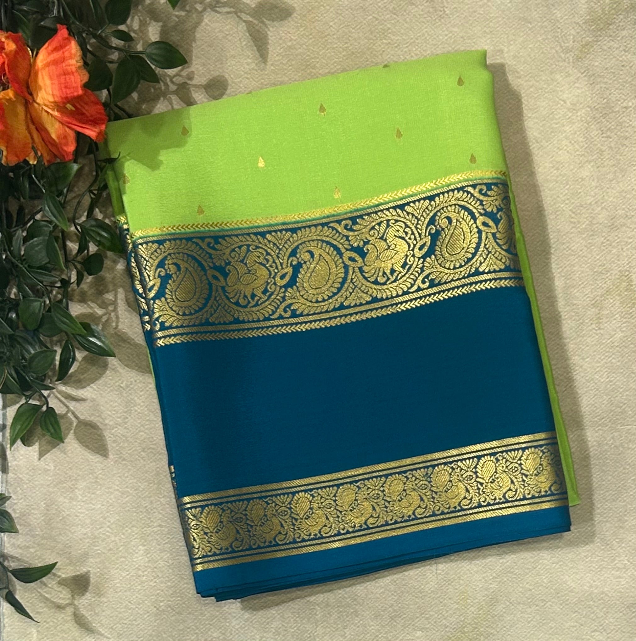 Pista green bentex border pure Mysore silk 105 saree