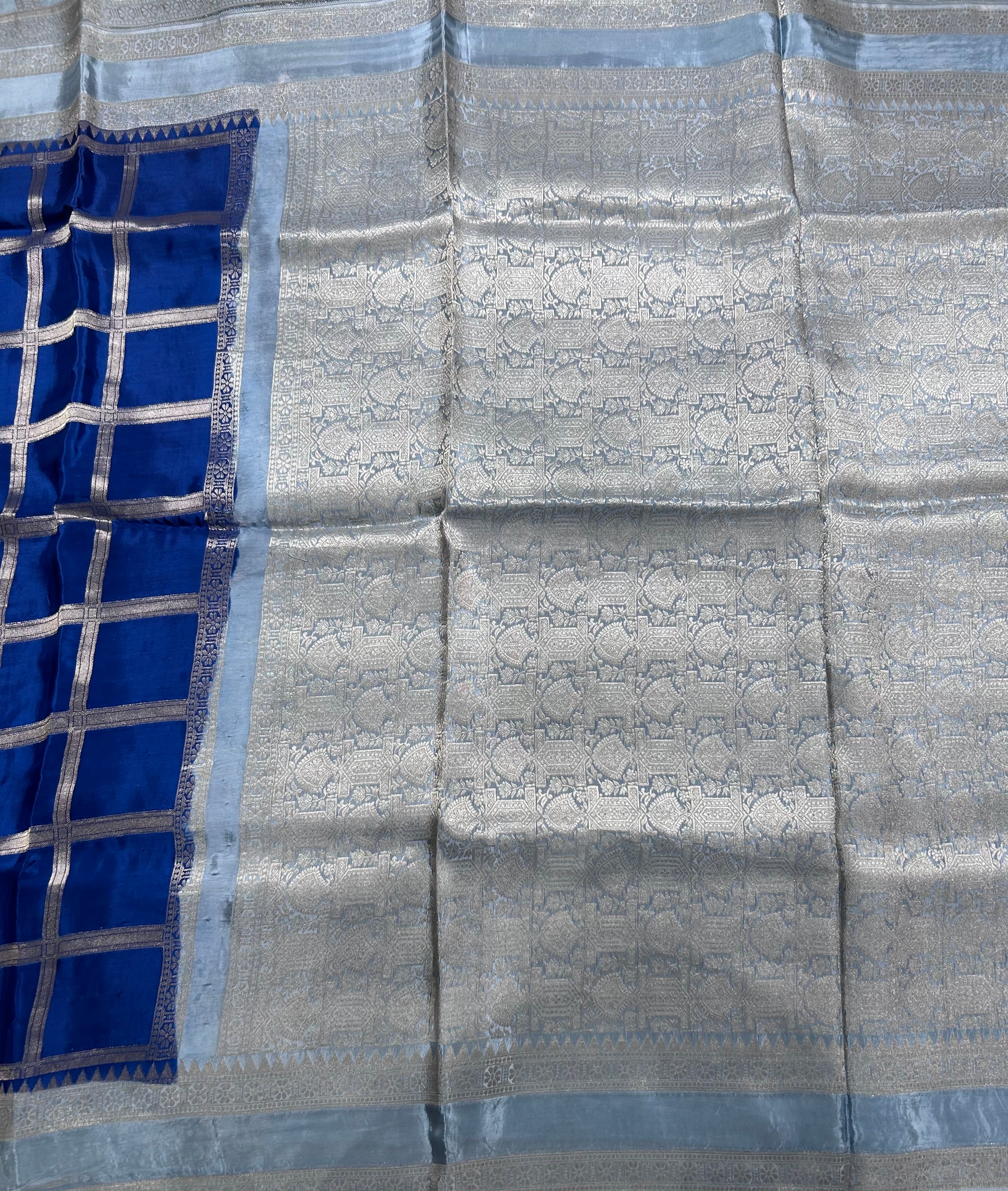 Peacock blue checks n bentex border semi crepe 106 saree
