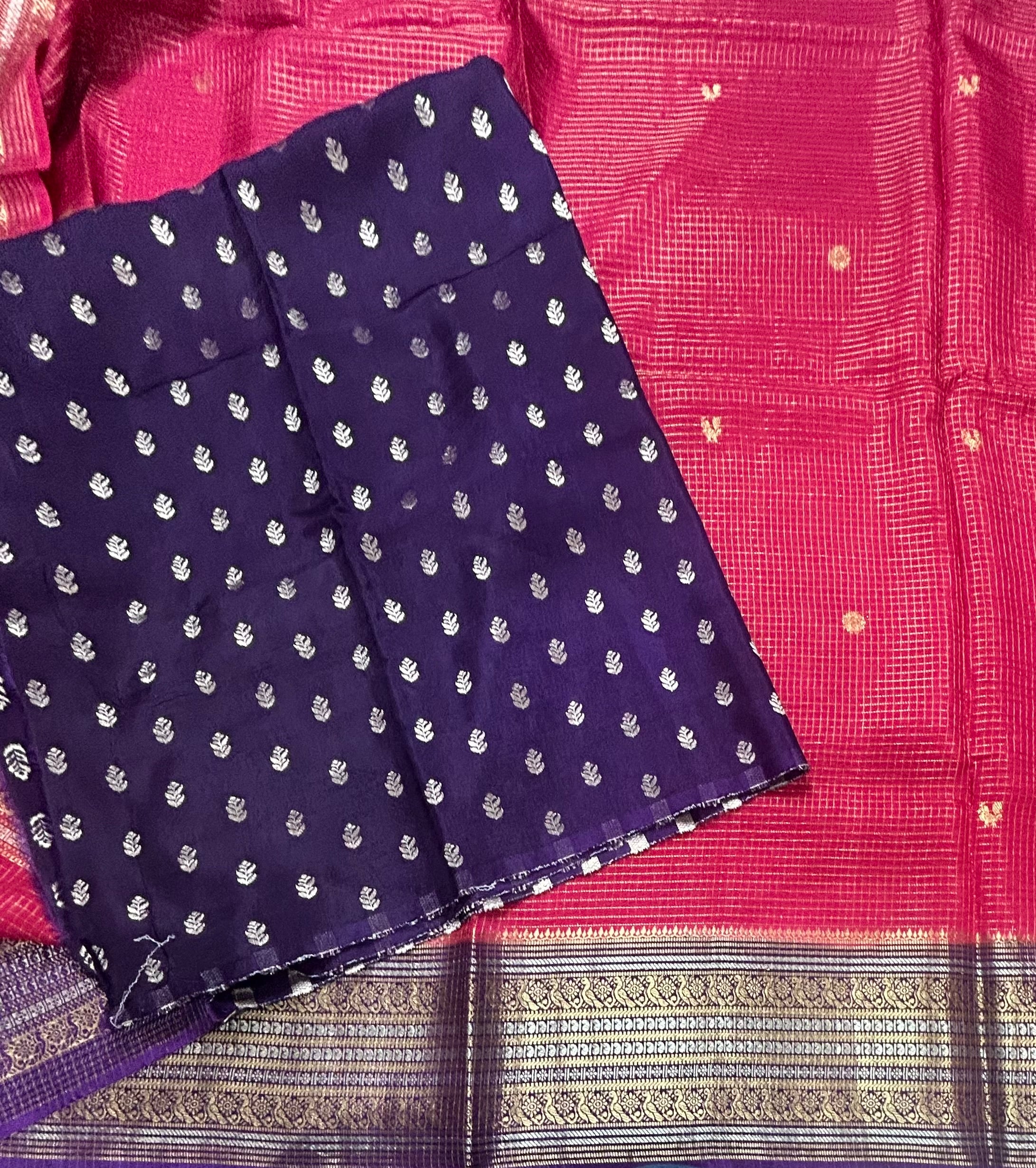 Rani pink small checks contrast semi Mysore crepe 105 saree