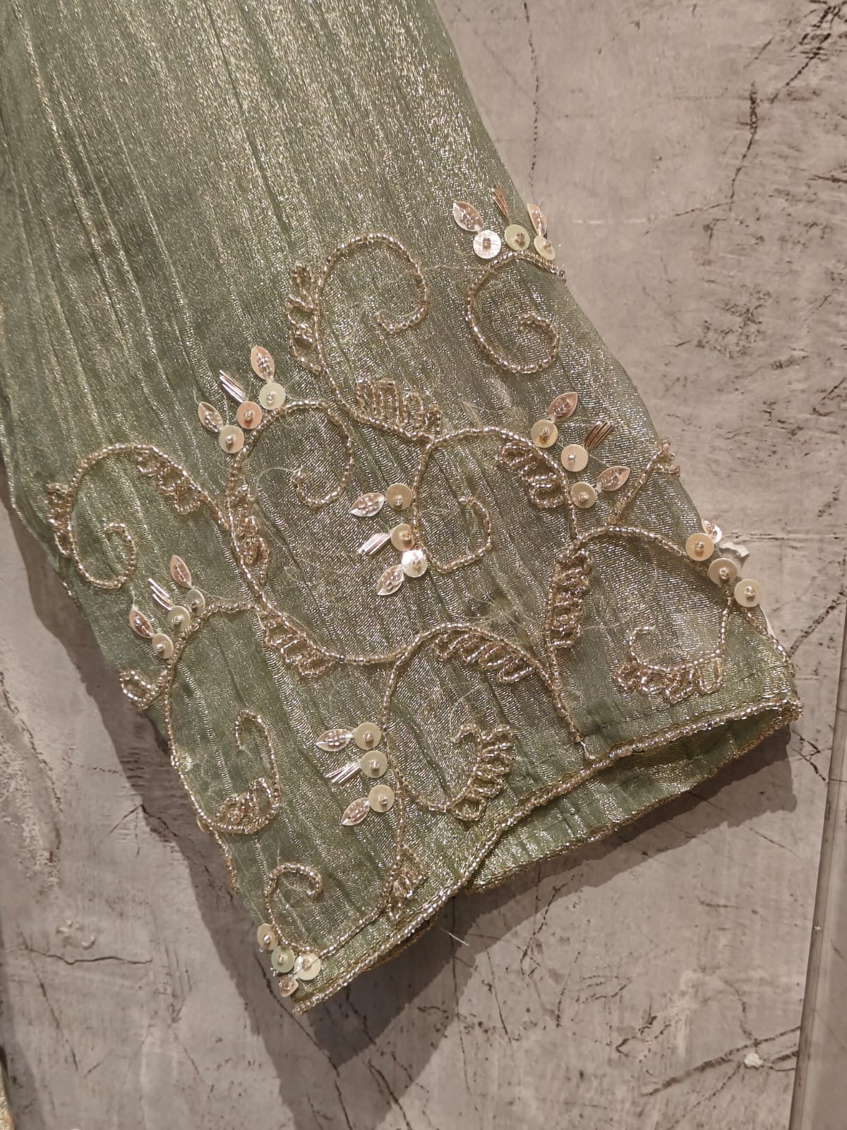 Green Banarasi Crush Tissue Silk A line Kurtha  527