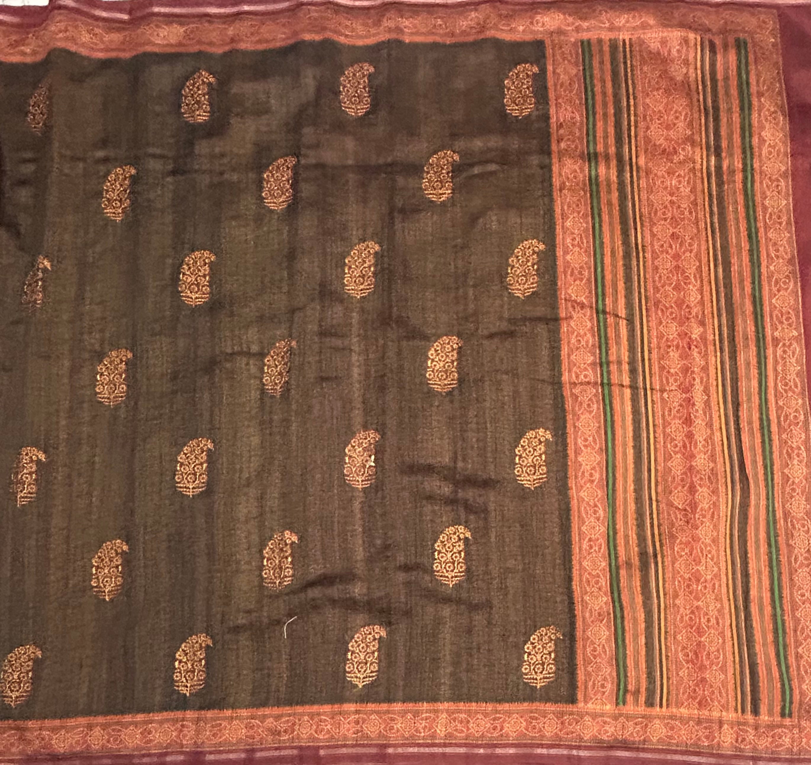 Dark olive green small border semi silk saree
