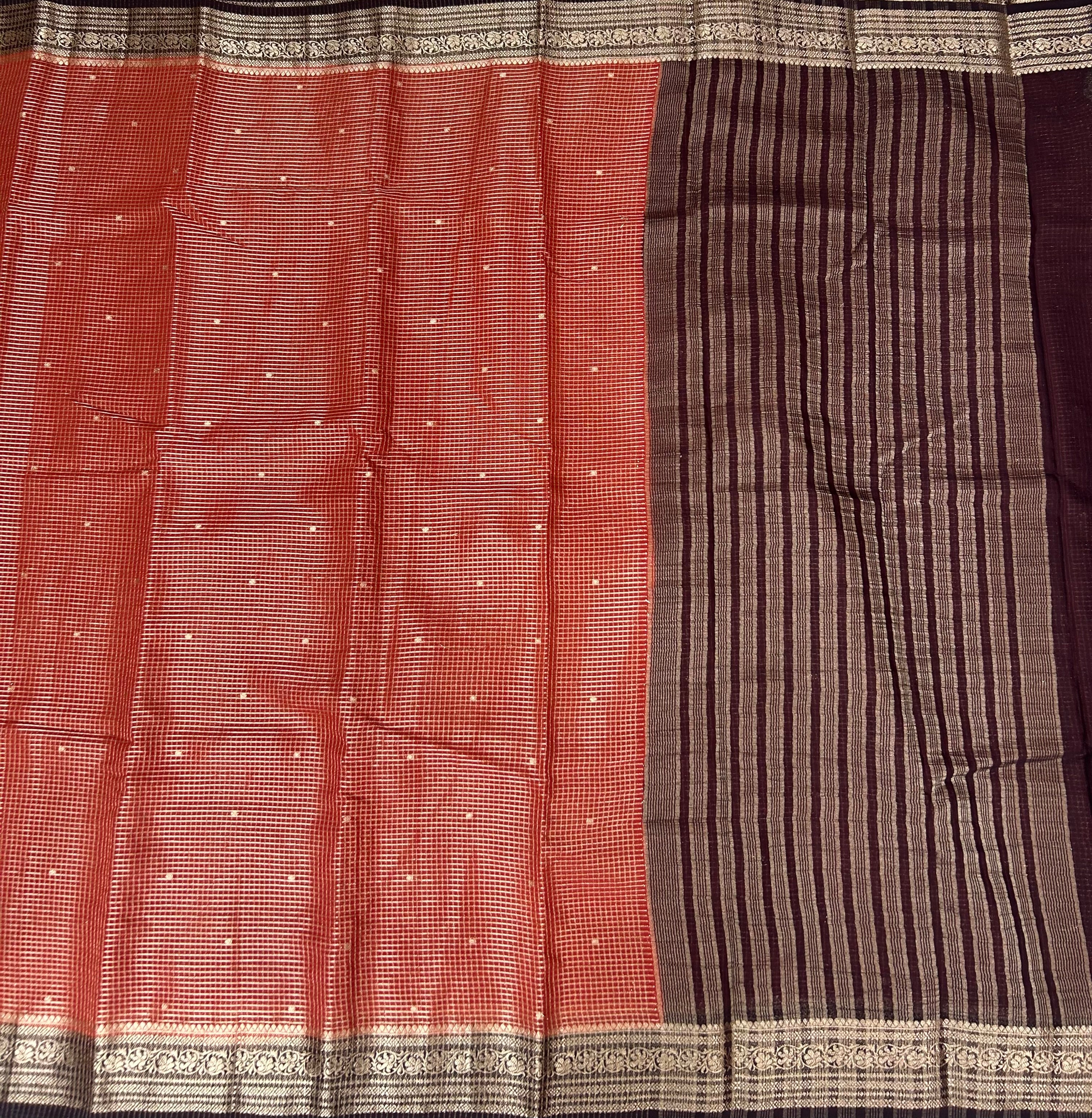 Rust orange small checks semi mysore crepe-12 saree