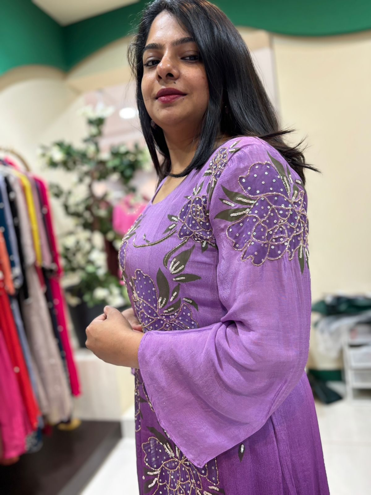 Purple Anarkali Chinnon Hand Embroidery Kurtha 765