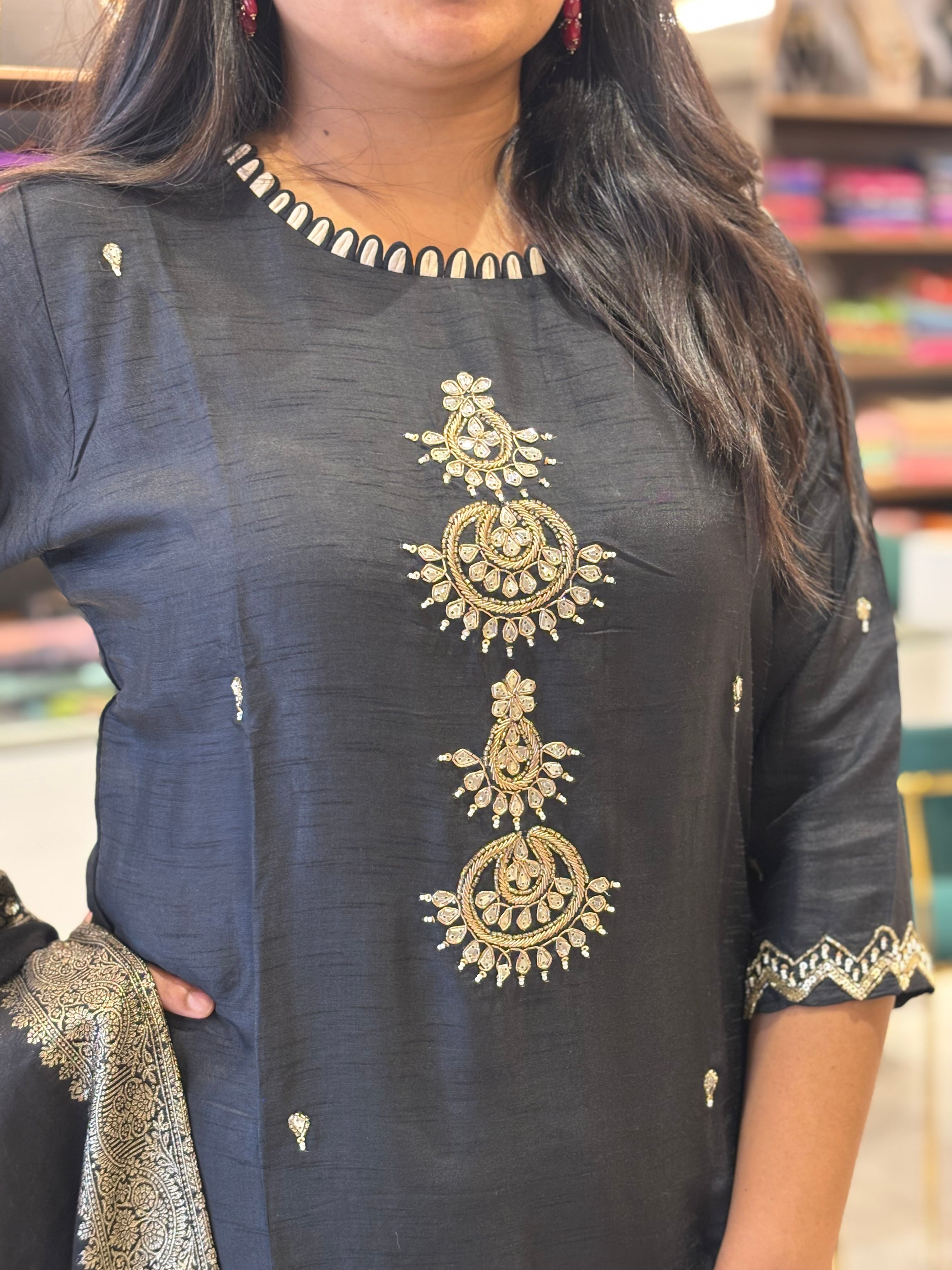 Black Dola Silk Handwork Straight Fit Kurtha 49