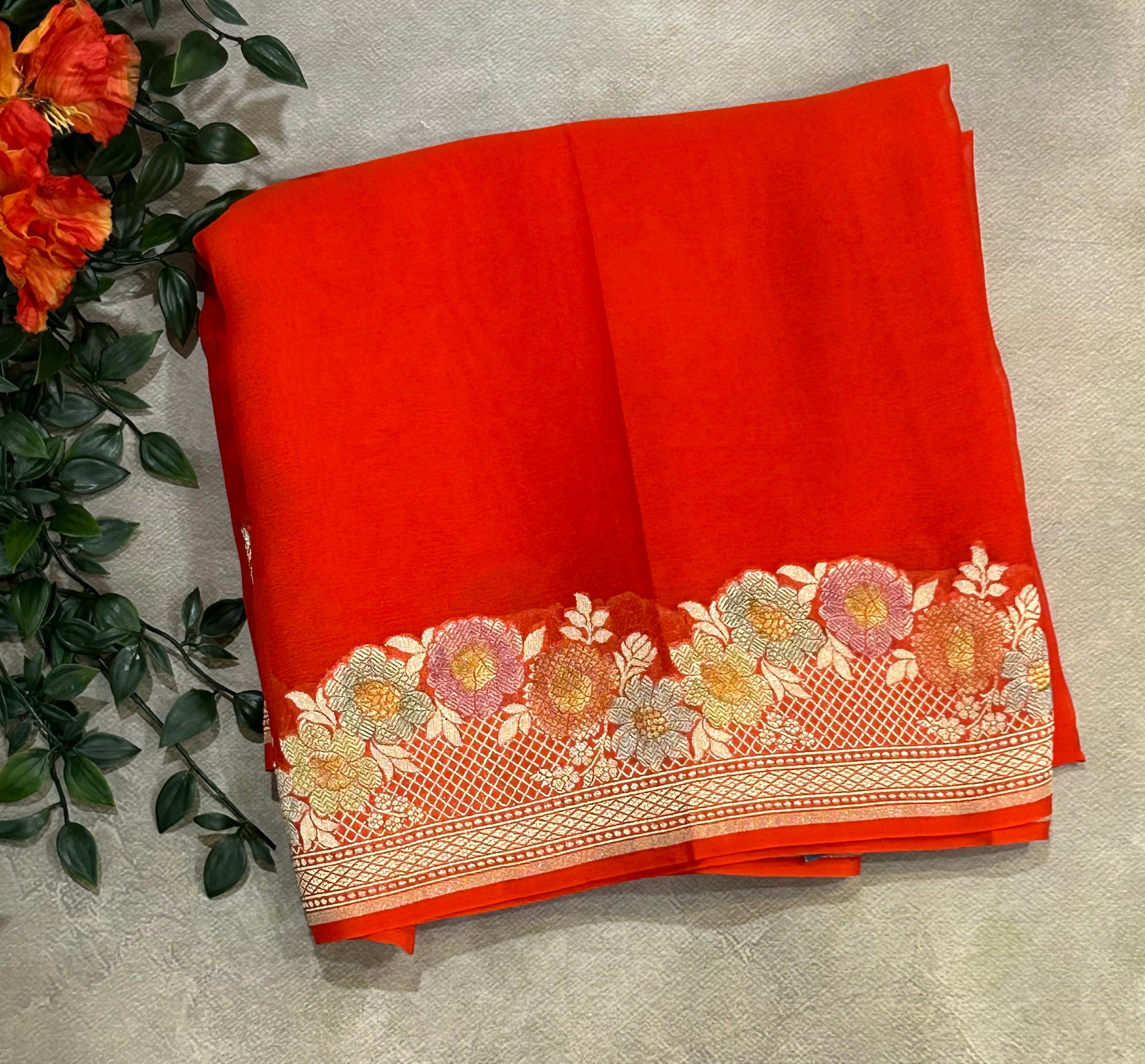 Orange 105 Meena work border pure georgette saree