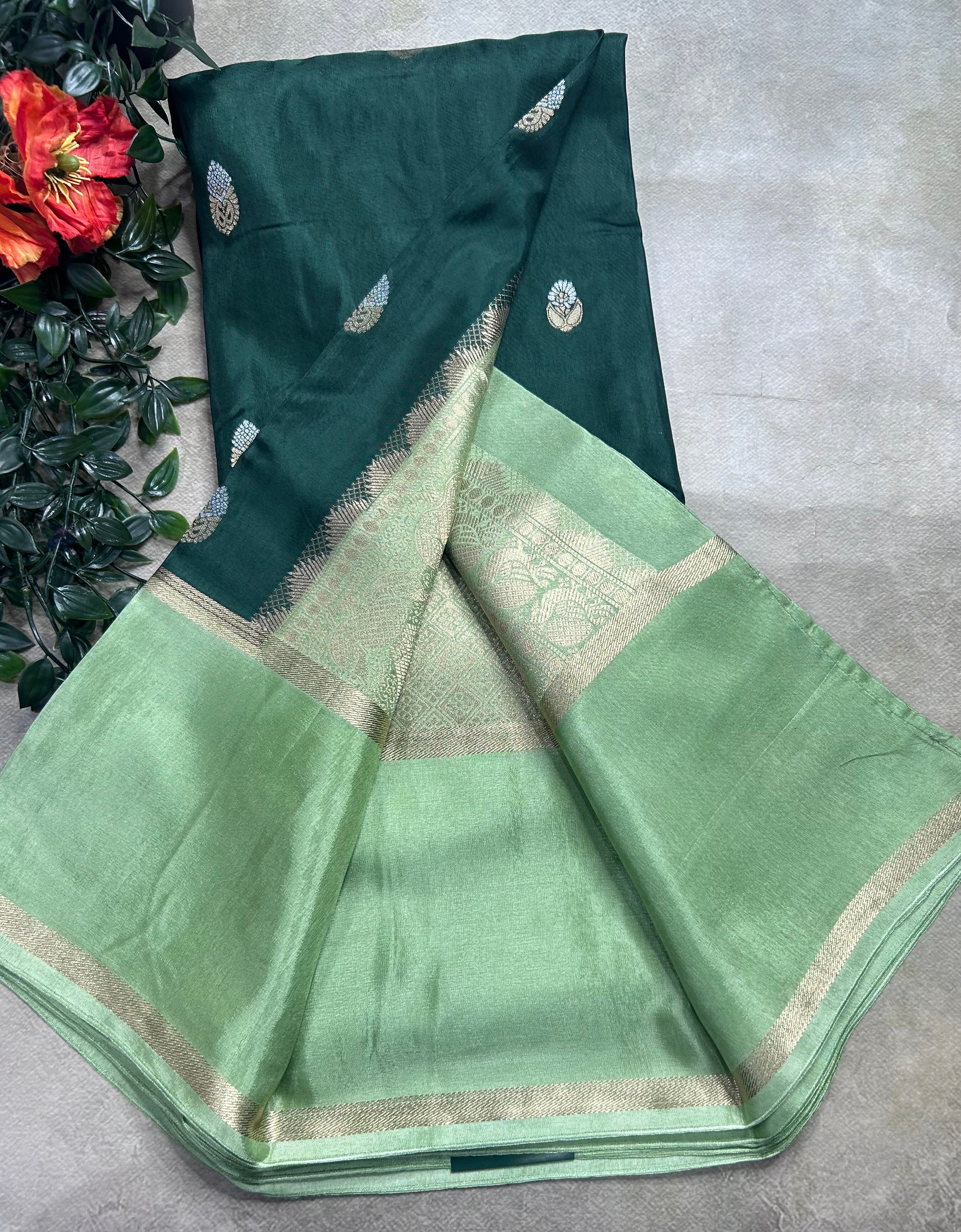 Bottle green bentex border semi Mysore crepe 106 saree