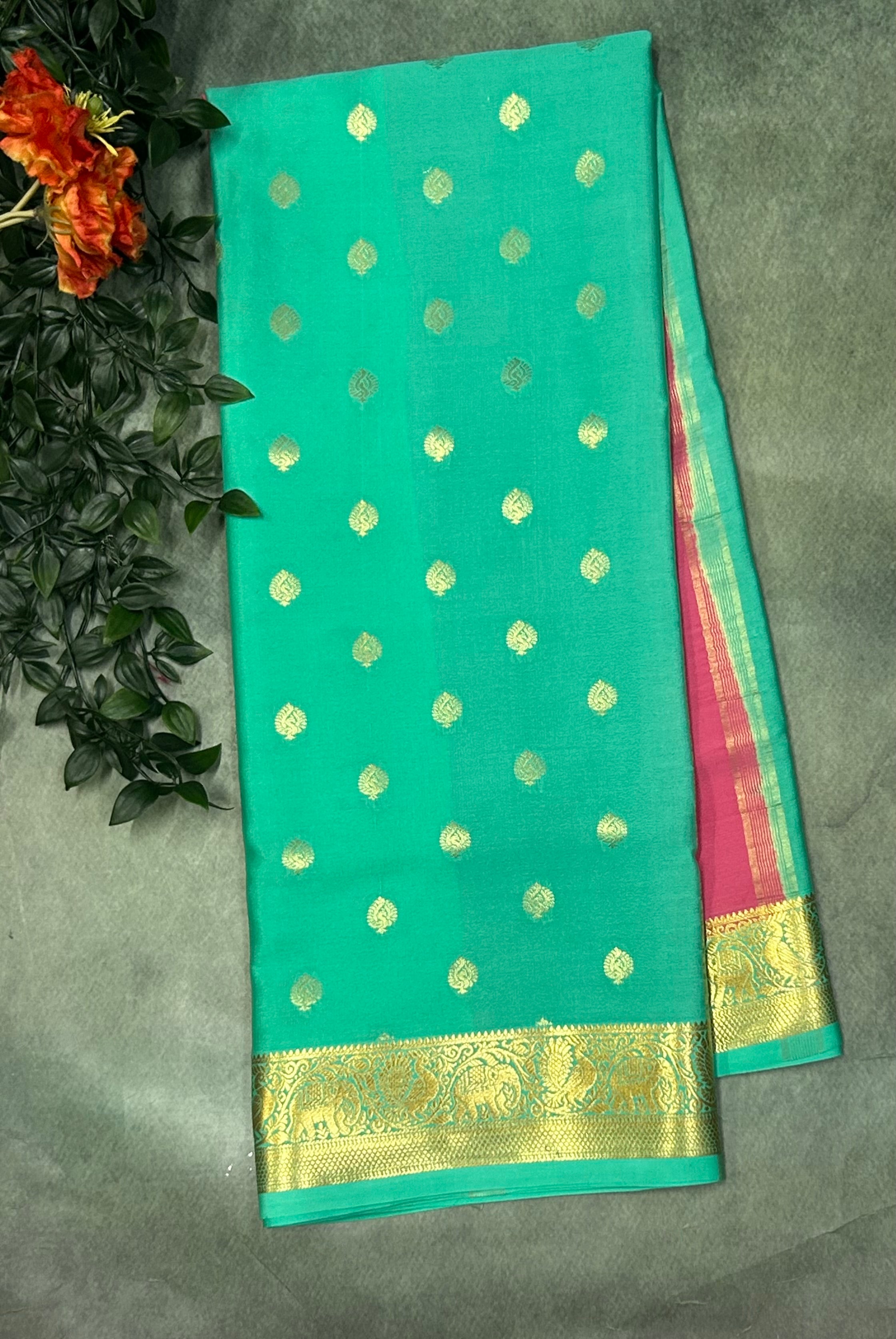 Pastel green n light pink  partly pallu Pure Mysore silk crepe 103 Saree