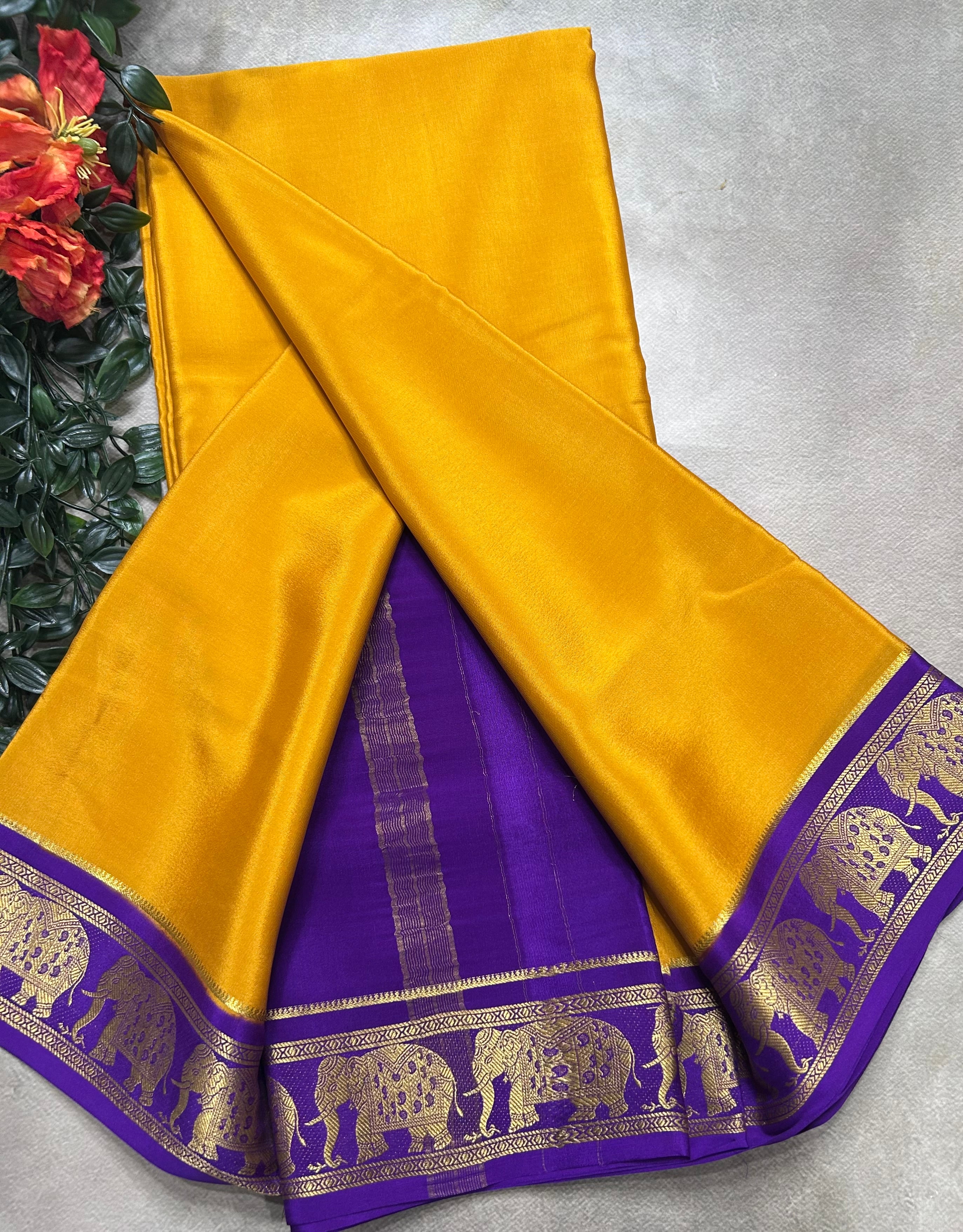 Mustard Yellow elephant small border pure mysore silk saree(YMS106)