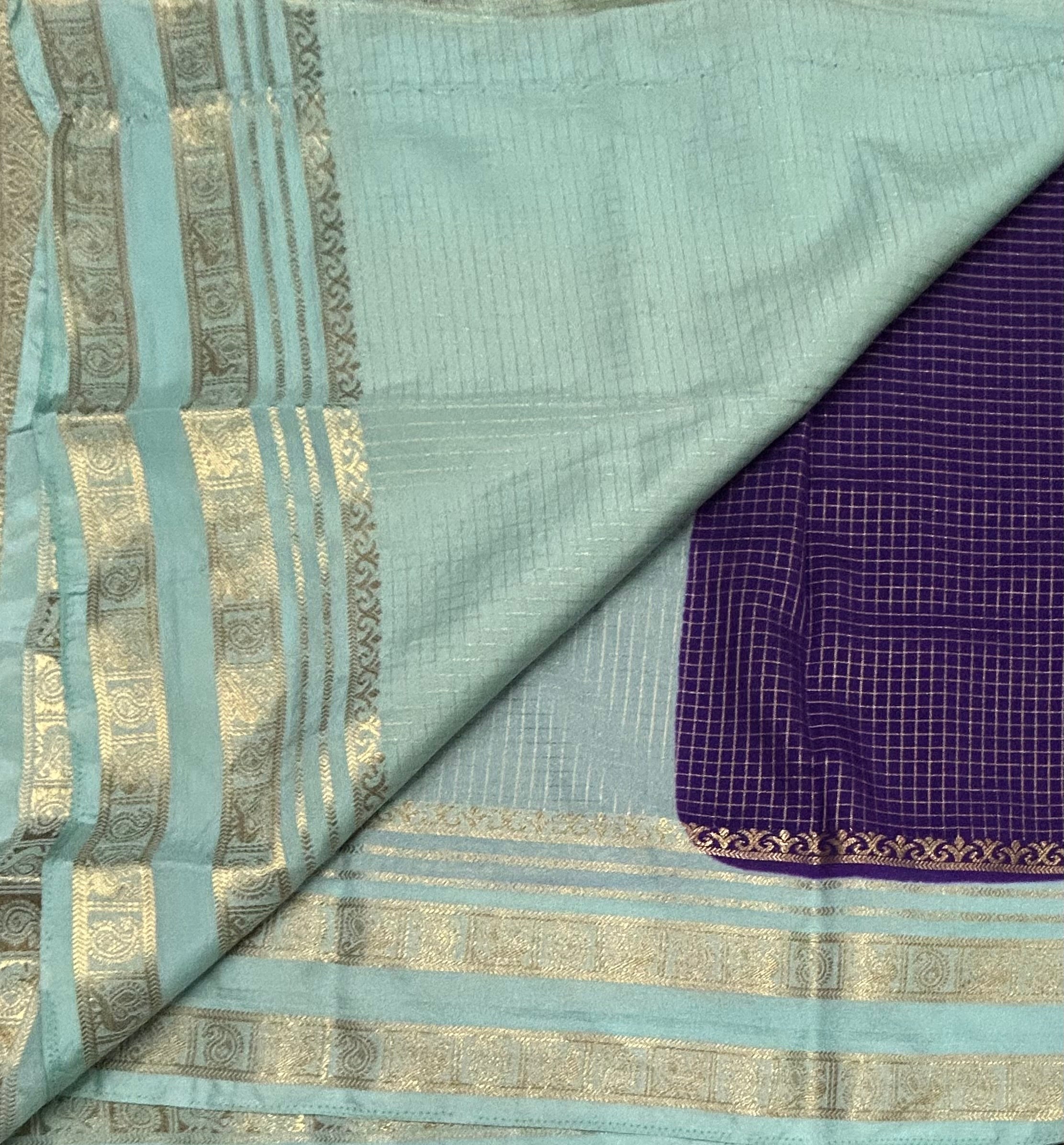 Purple small check Semi Mysore Crepe silk saree