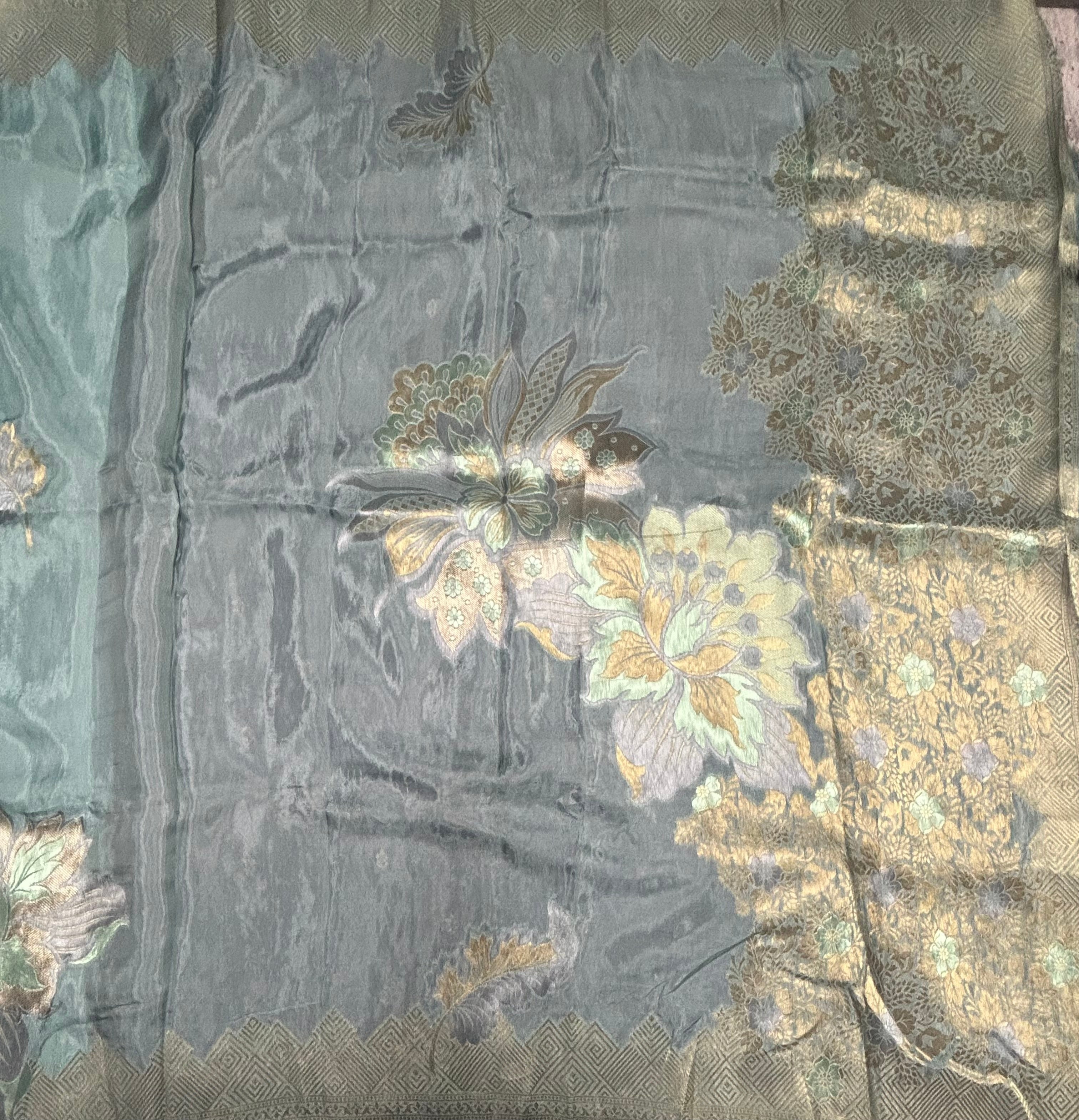 Pastel blue floral Butta semi Mysore crepe saree