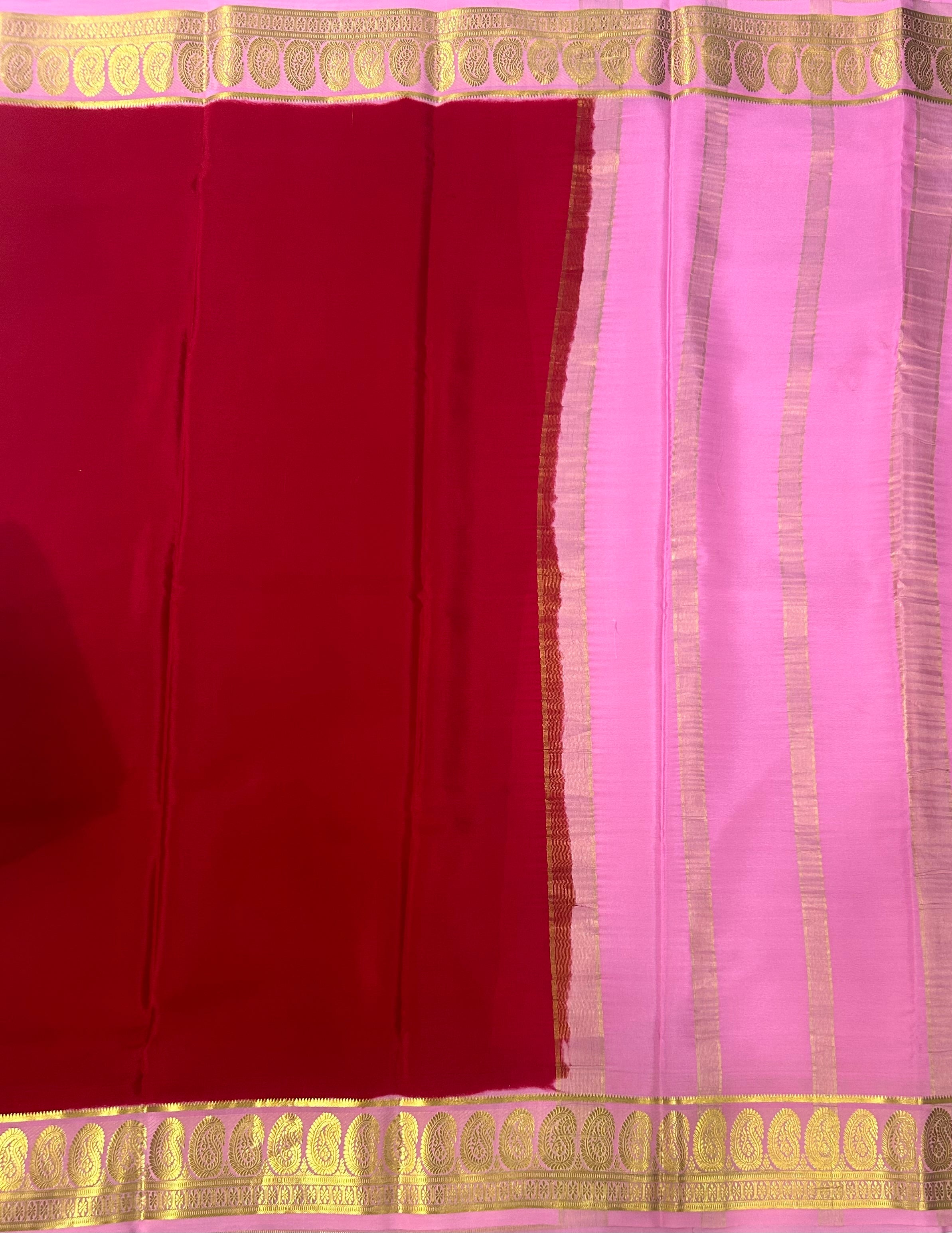 Red n pastel pink plain pure Mysore crepe silk saree