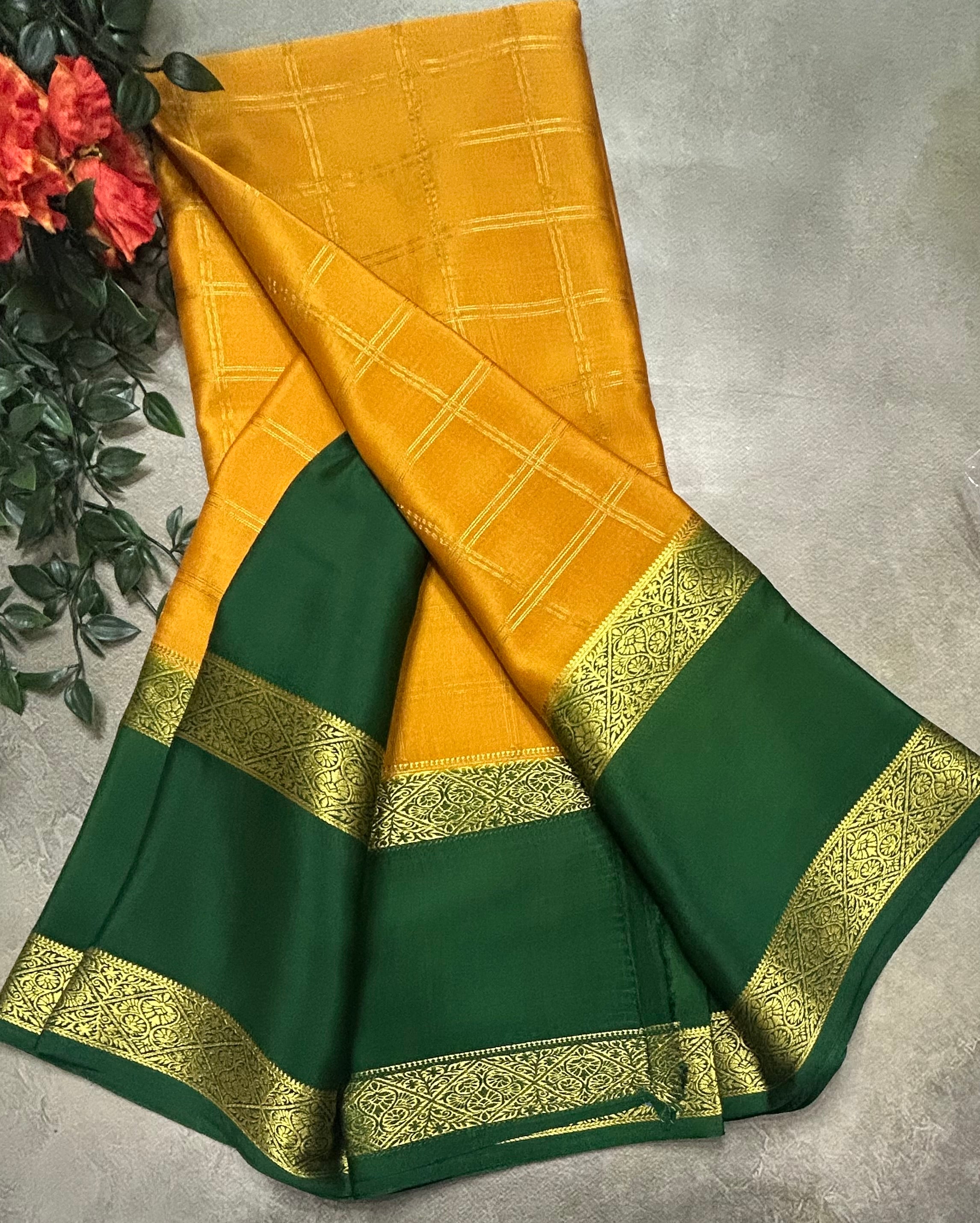 Yellow checks n Bentex border pure Mysore silk 105 saree