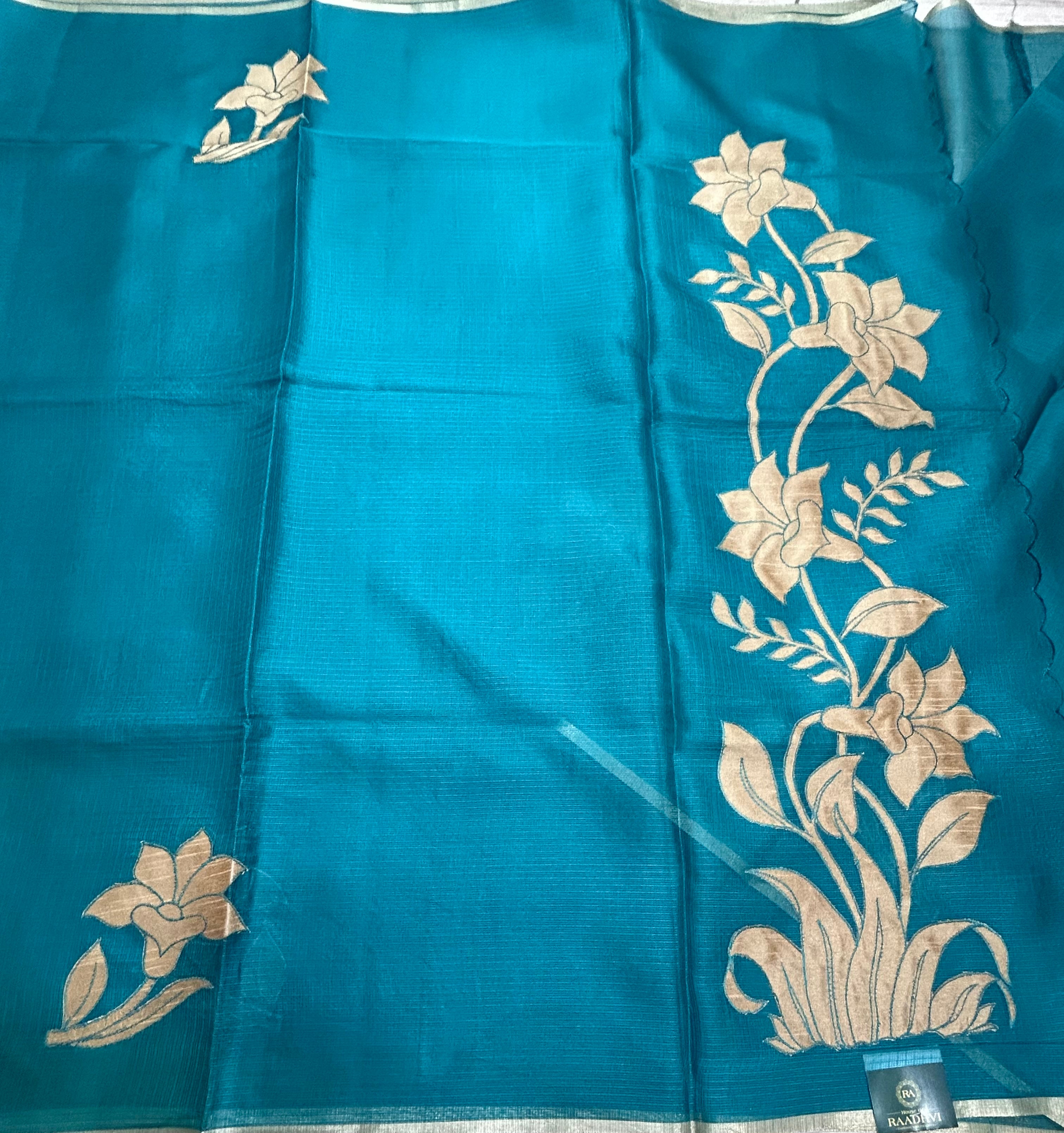 Rama green 2 kota checks appliqué work 106 saree