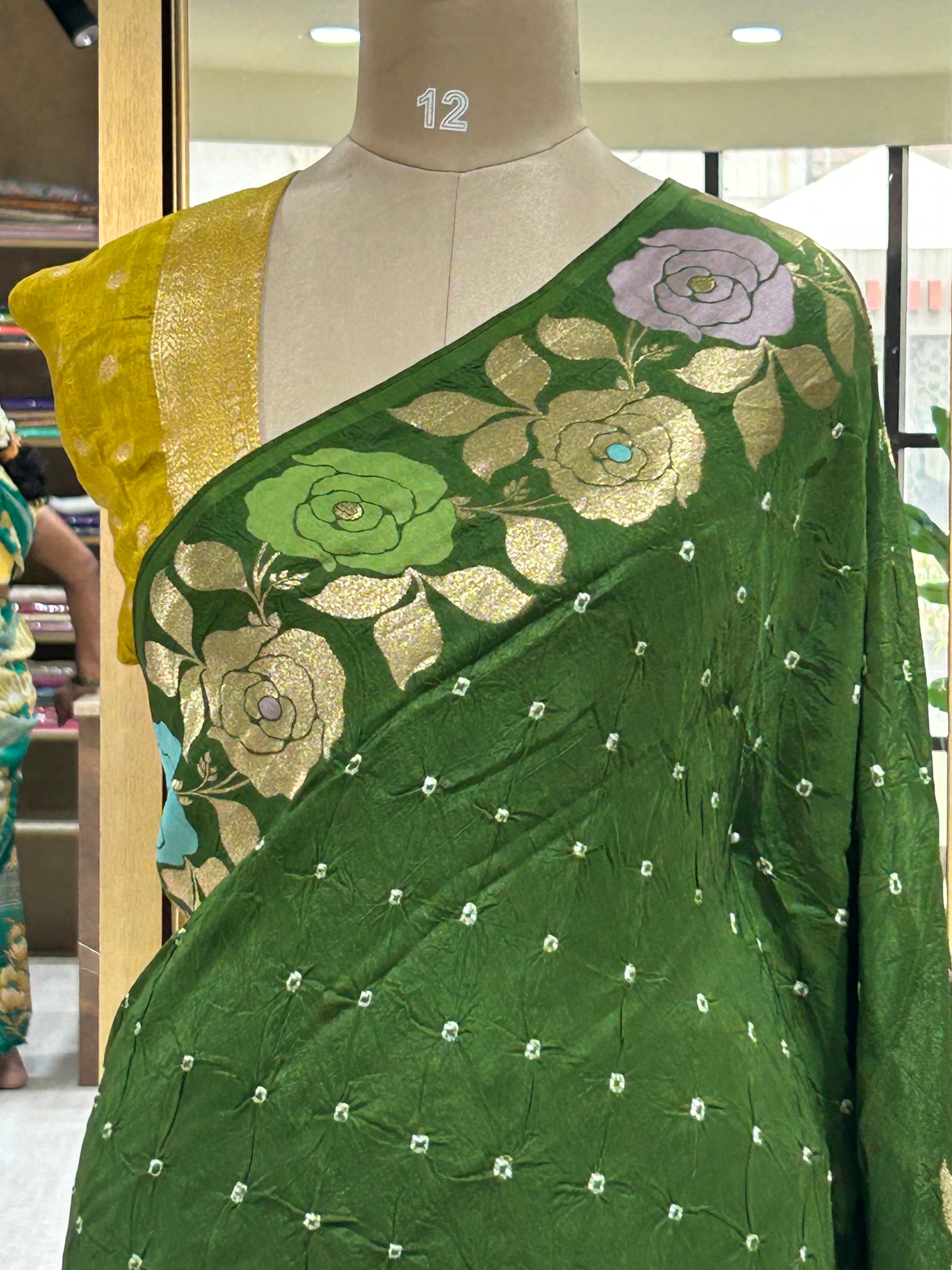 Green n yellow half n half Bandhini dola crepe 104 saree