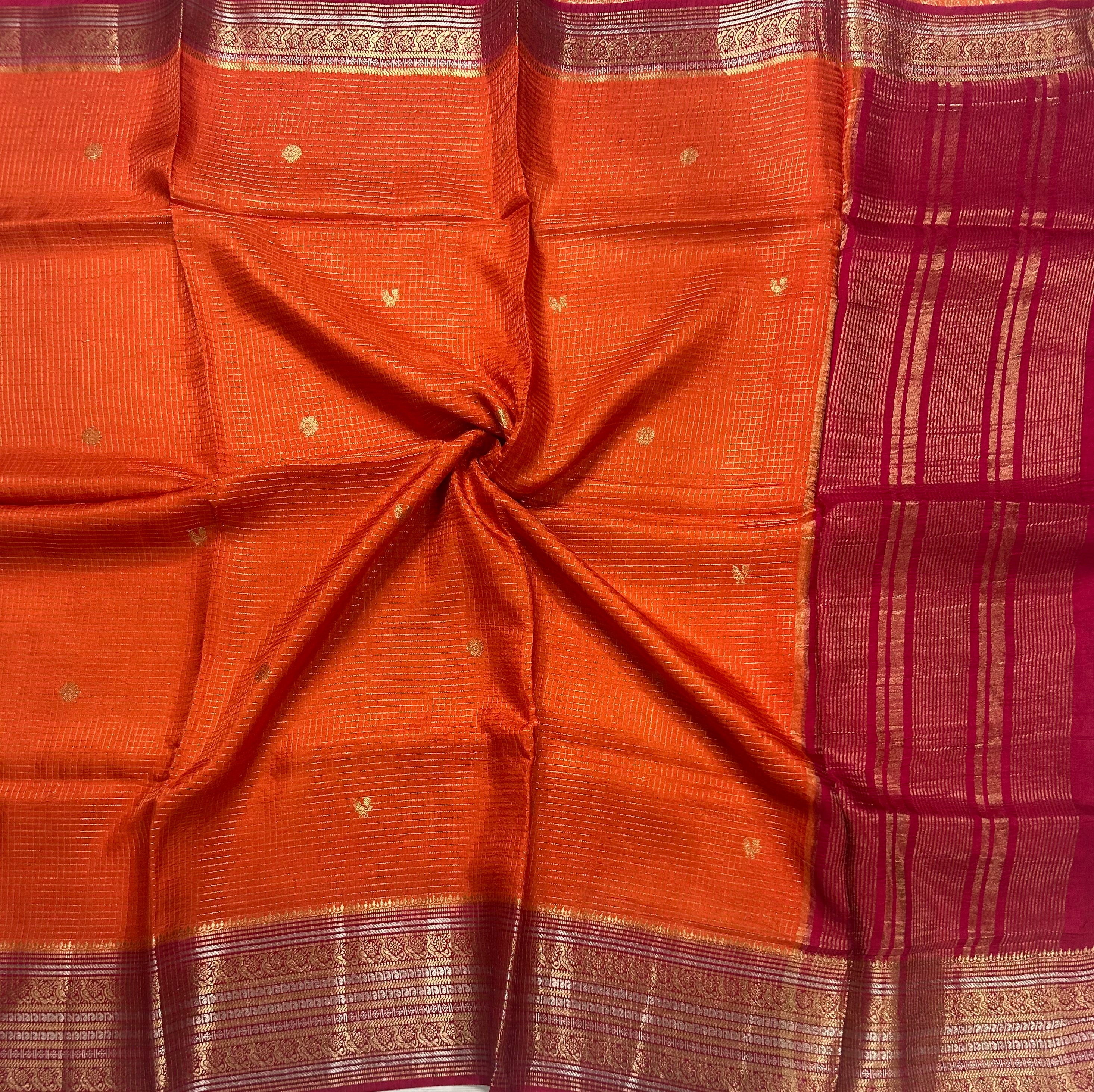 Orange small checks contrast semi Mysore crepe 105 saree