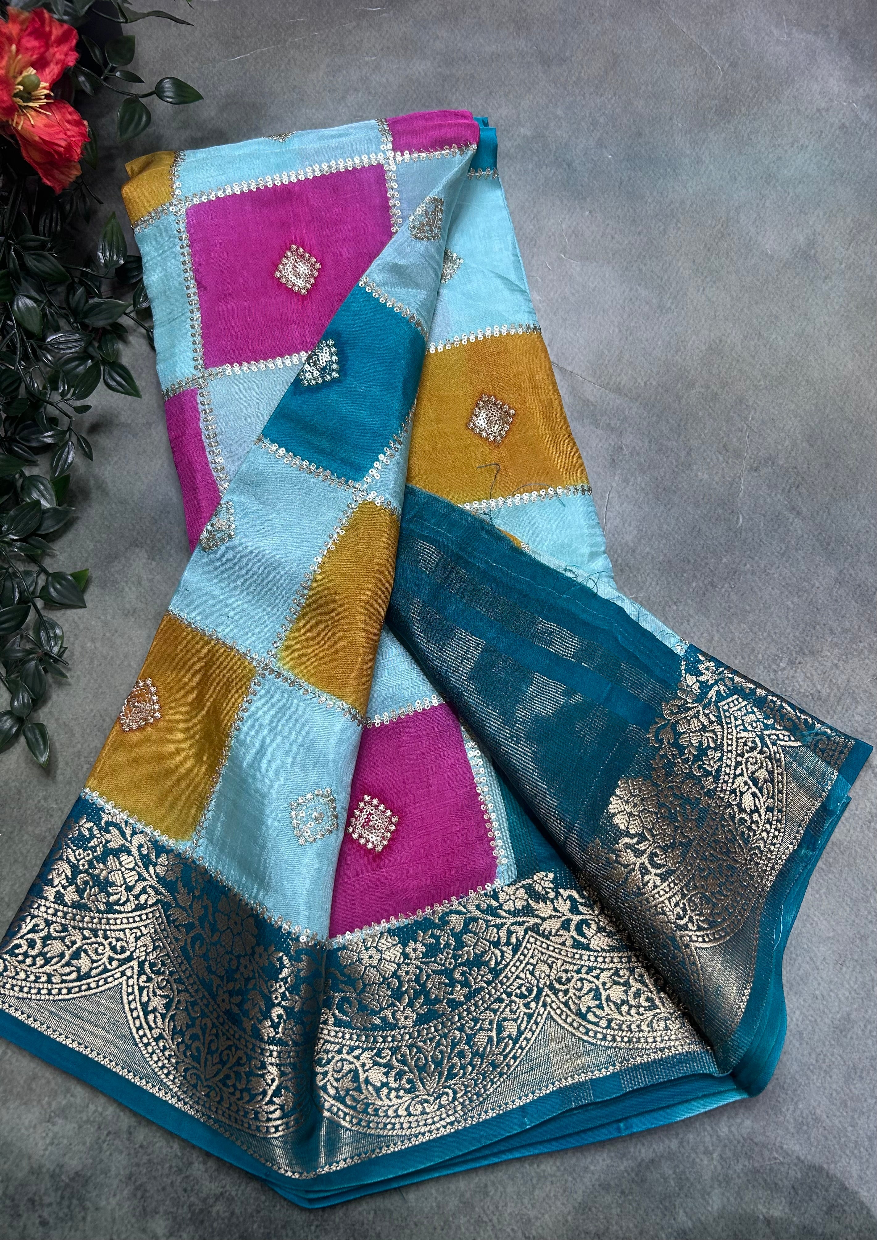 Multicolour checks n small border dola crepe 106 saree