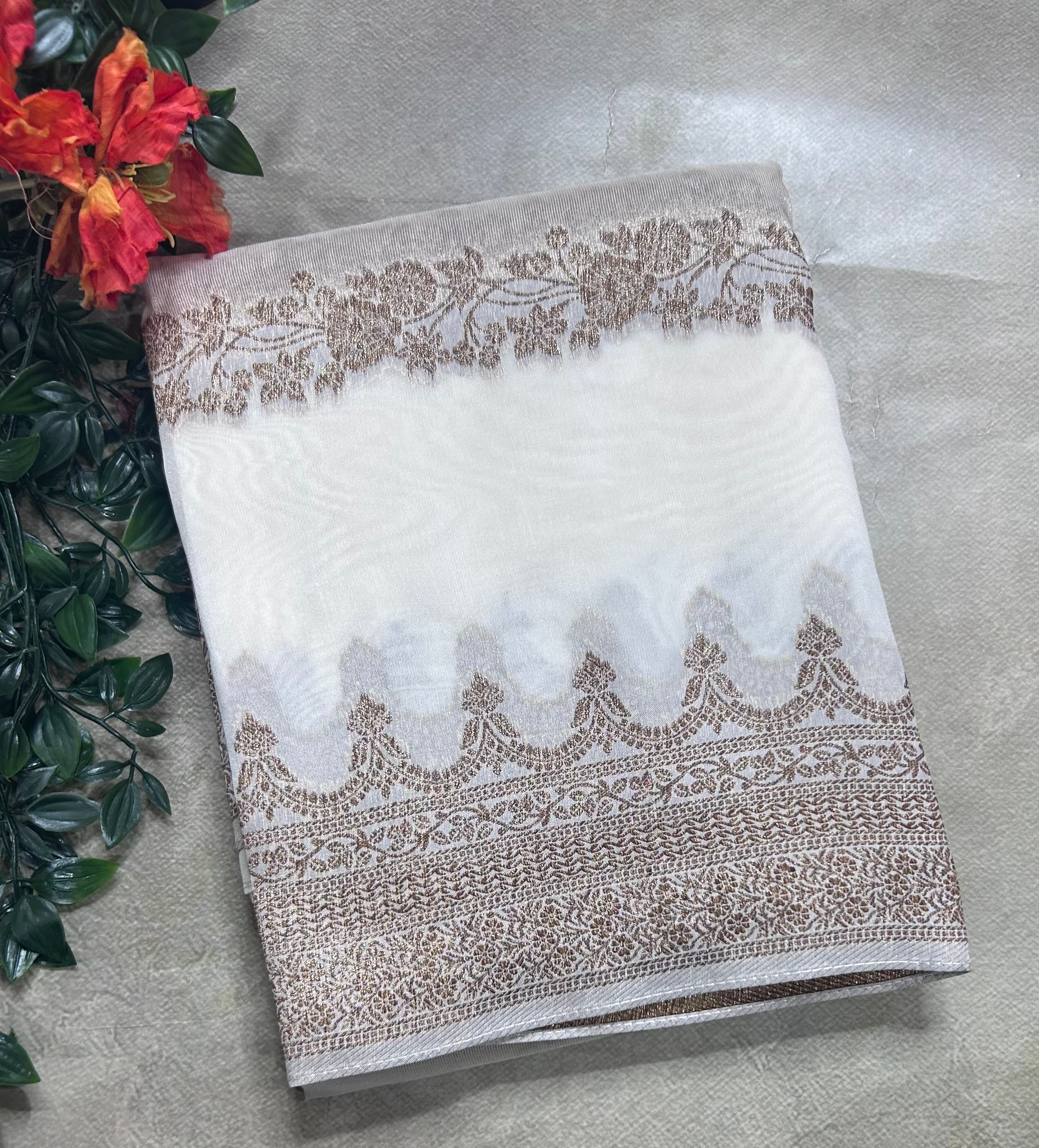 White brocade tussar georgette crepe 106 silk saree