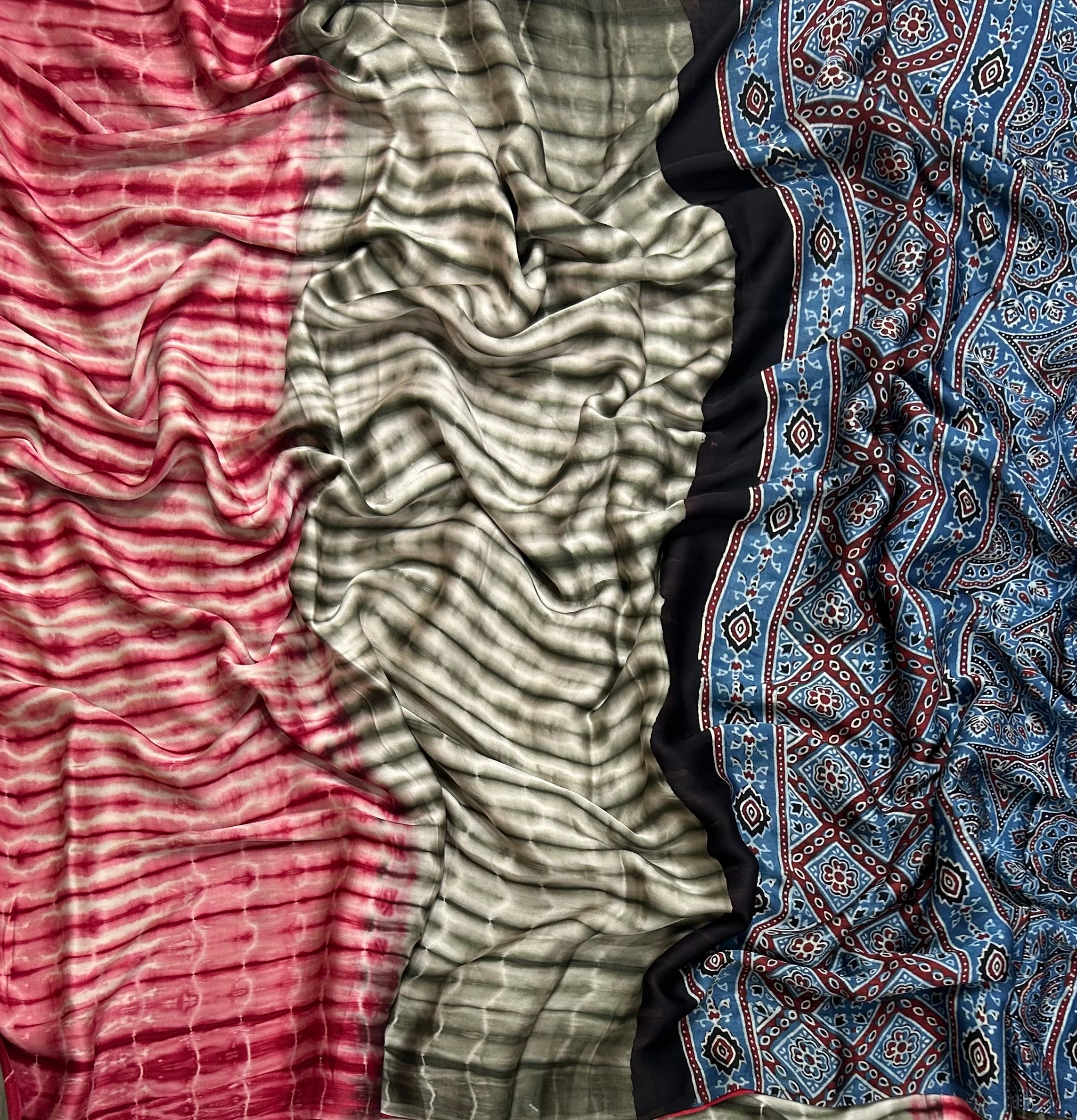Pink n grey Shibori print modal silk 104 saree