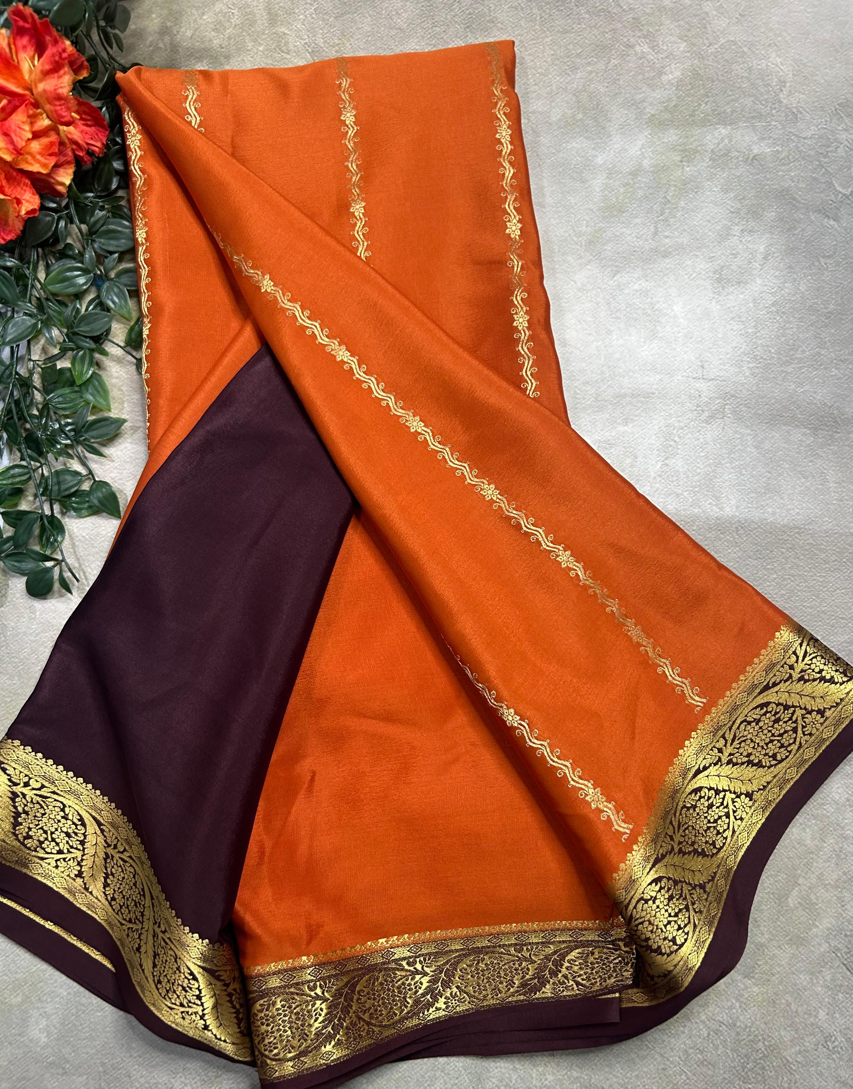 Rust orange stripes pure Mysore silk saree(SMS105)