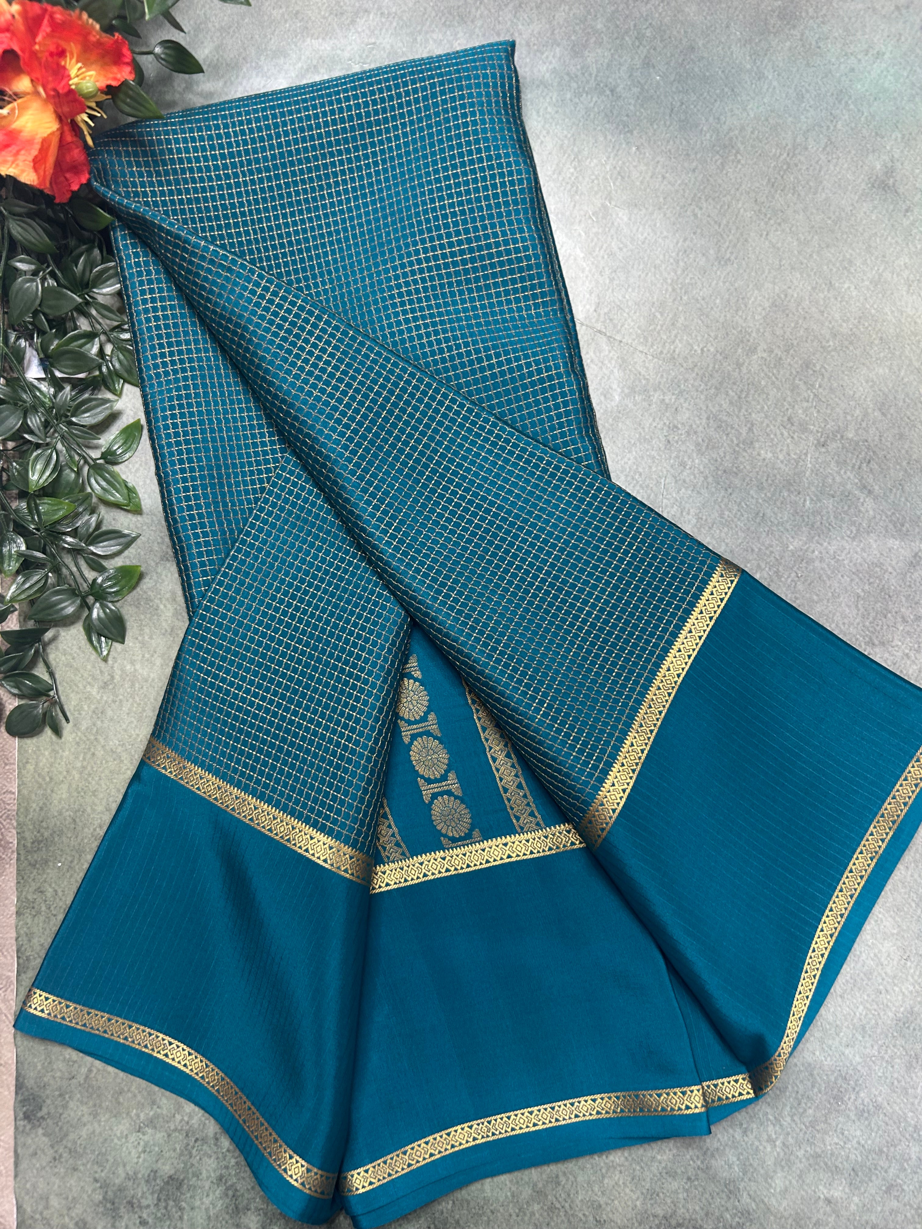 Rama green small checks n bentex border pure Mysore silk 105 saree