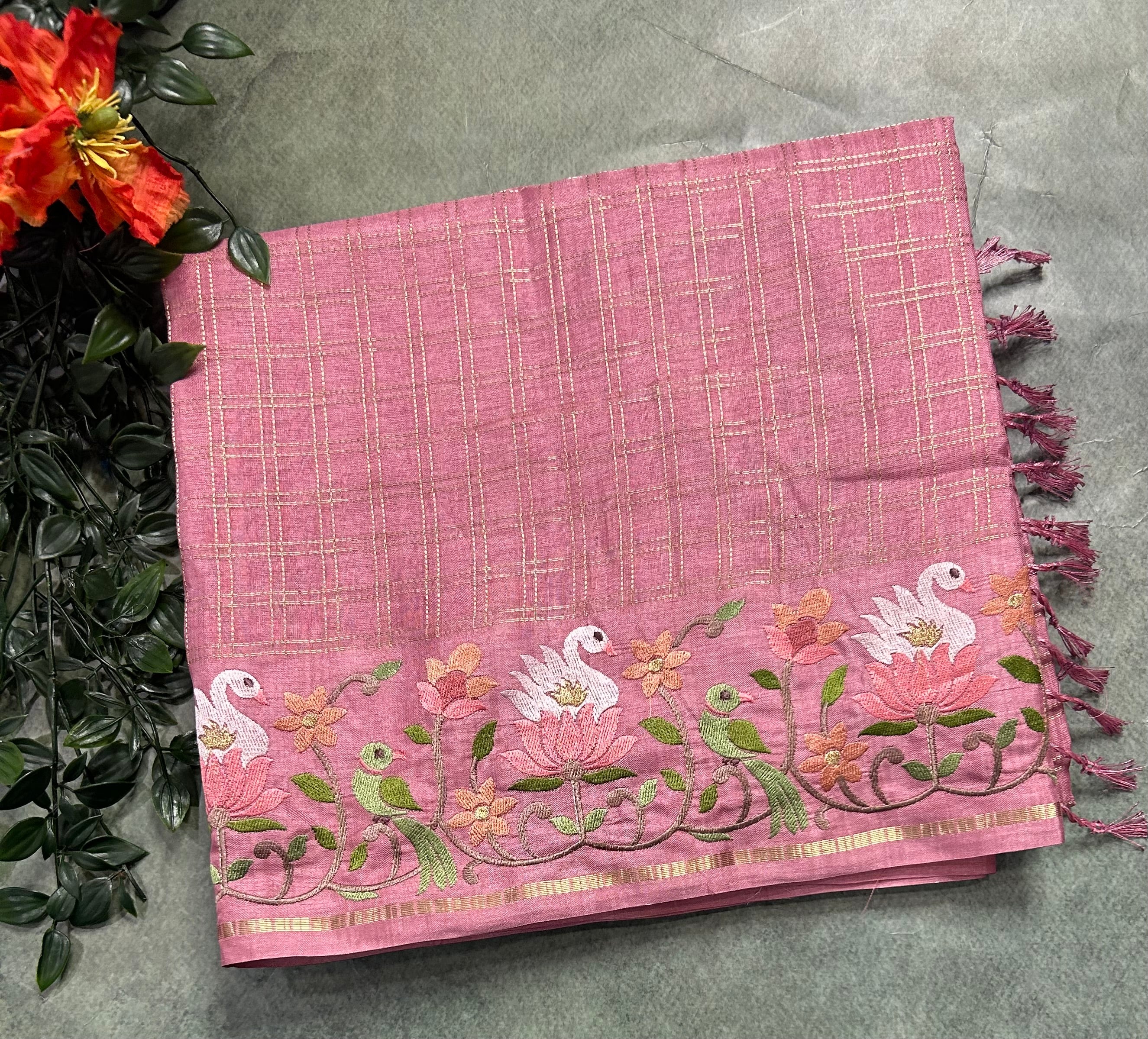 Light pink checks embroidery border semi Tussar 105 saree