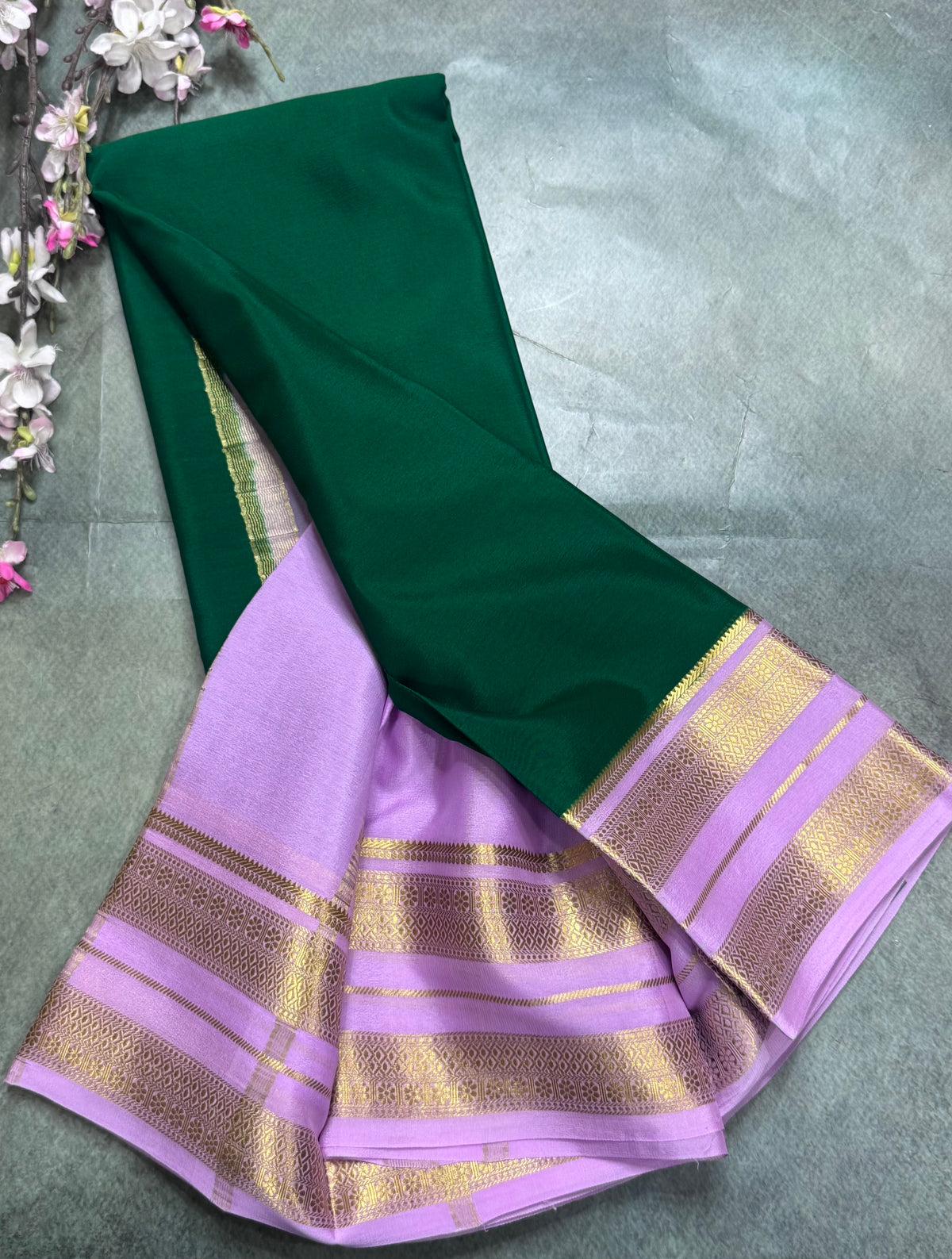 Bottle green long border pure Mysore silk saree