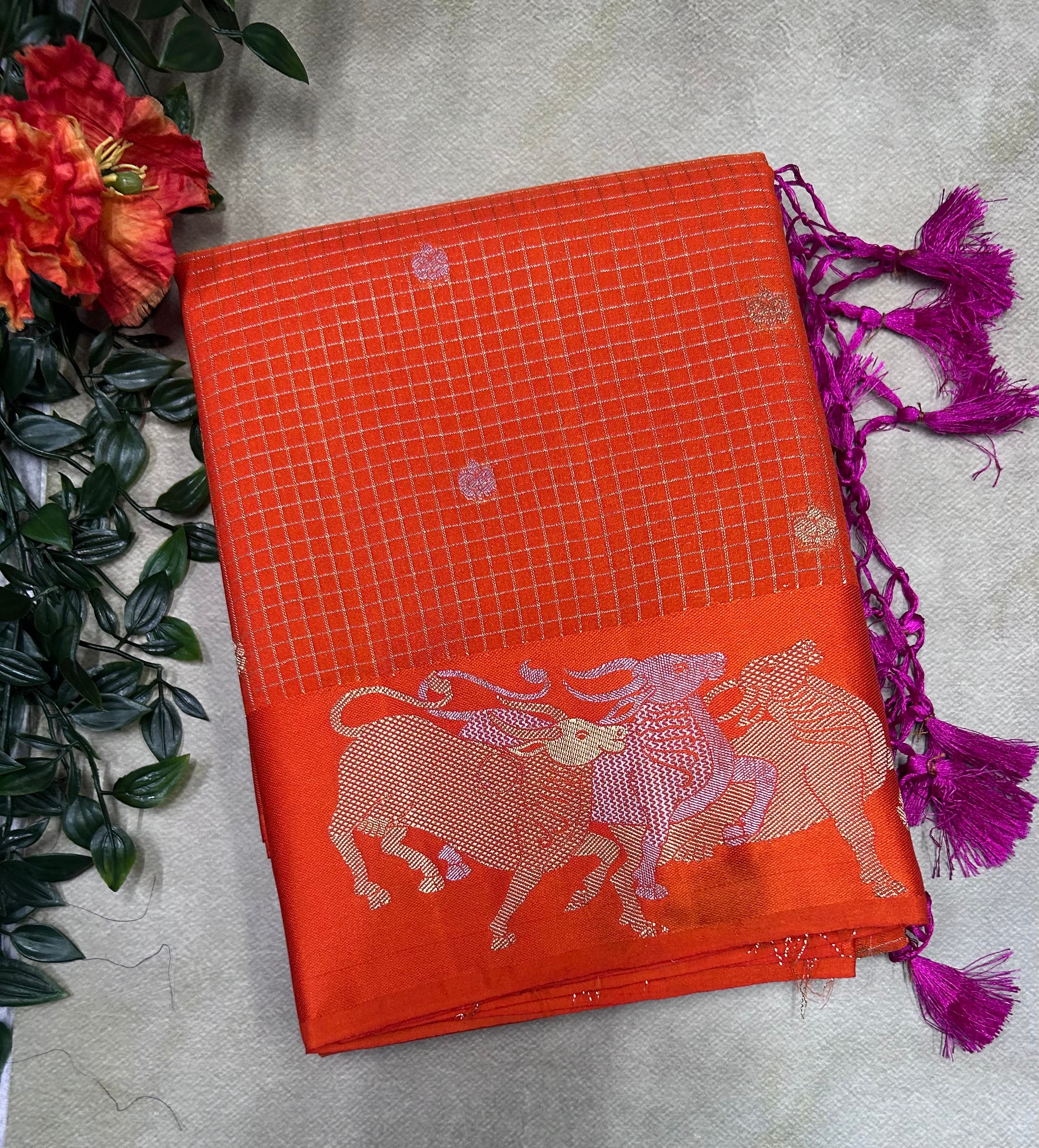 Orange small checks semi Mysore crepe saree(SMC106)